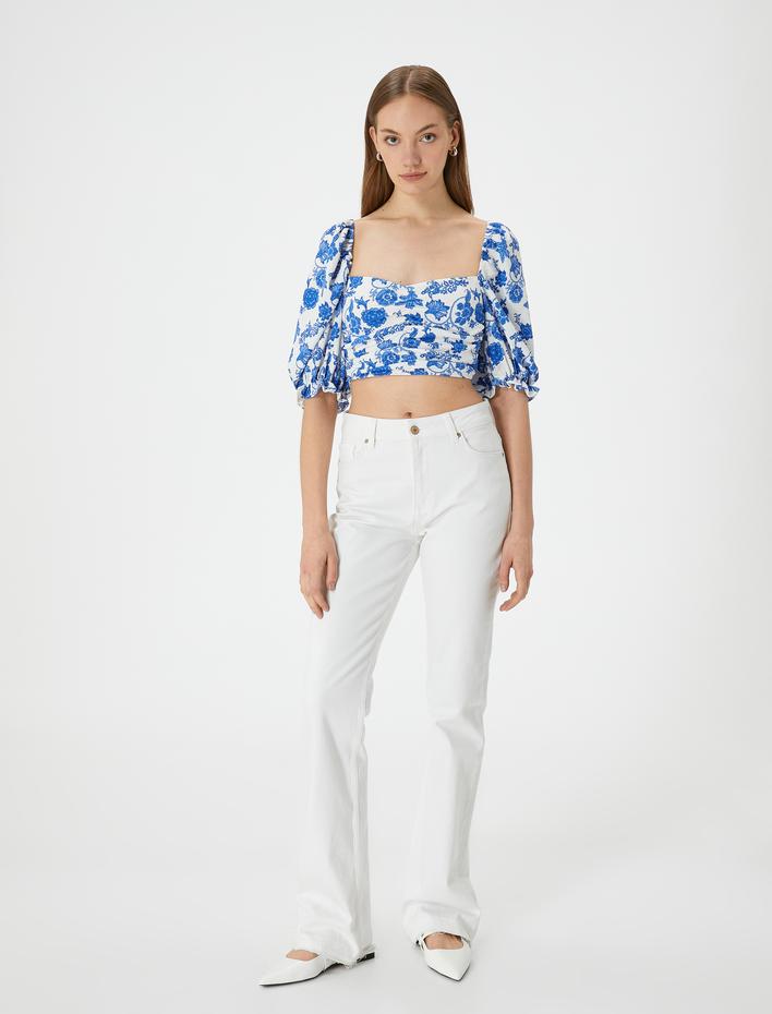  Crop Çiçekli Bluz Kare Yaka Balon Kollu