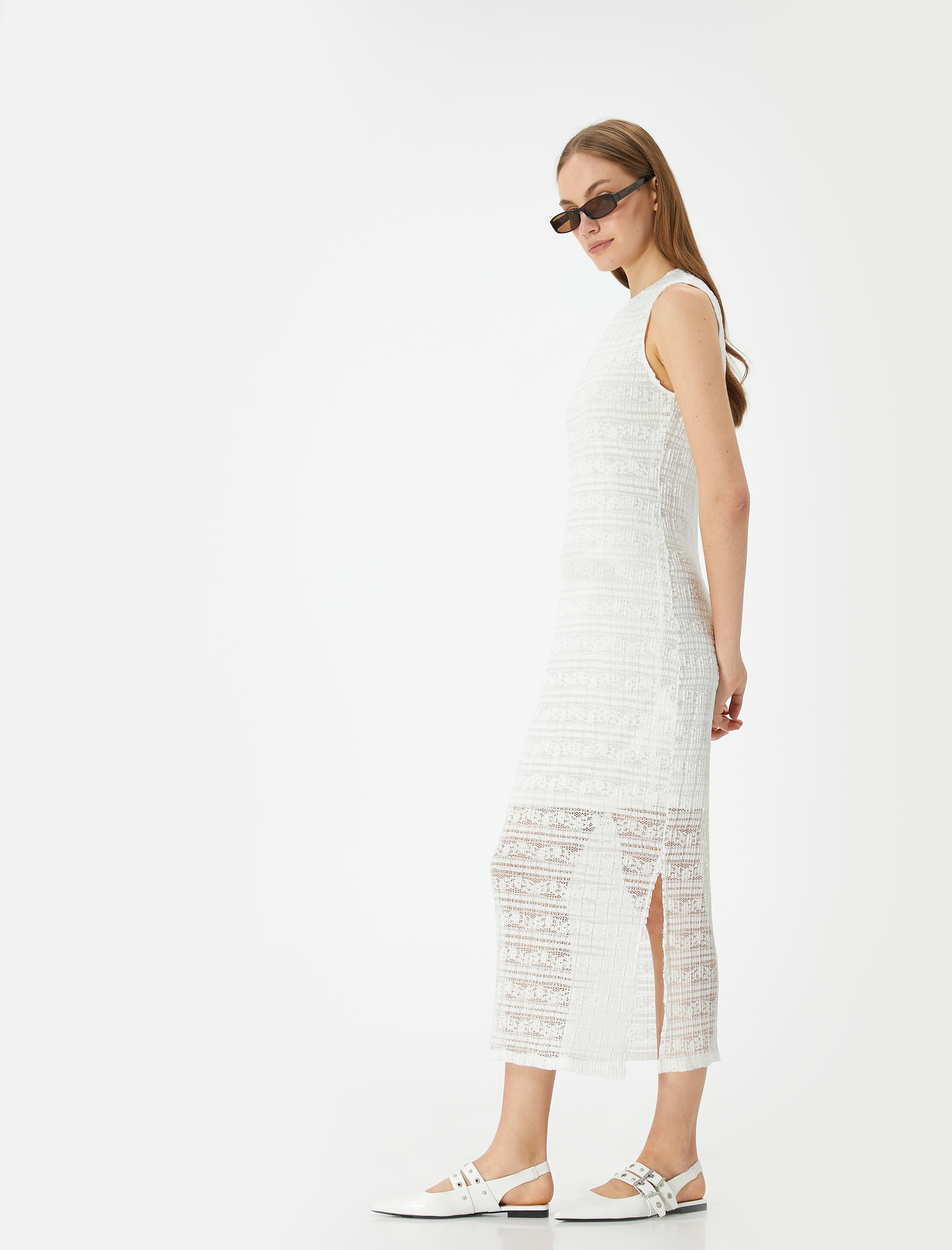   Midi Slip Elbise Bisiklet Yaka Kolsuz Yırtmaçlı