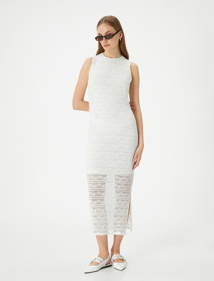  Midi Slip Elbise Bisiklet Yaka Kolsuz Yırtmaçlı