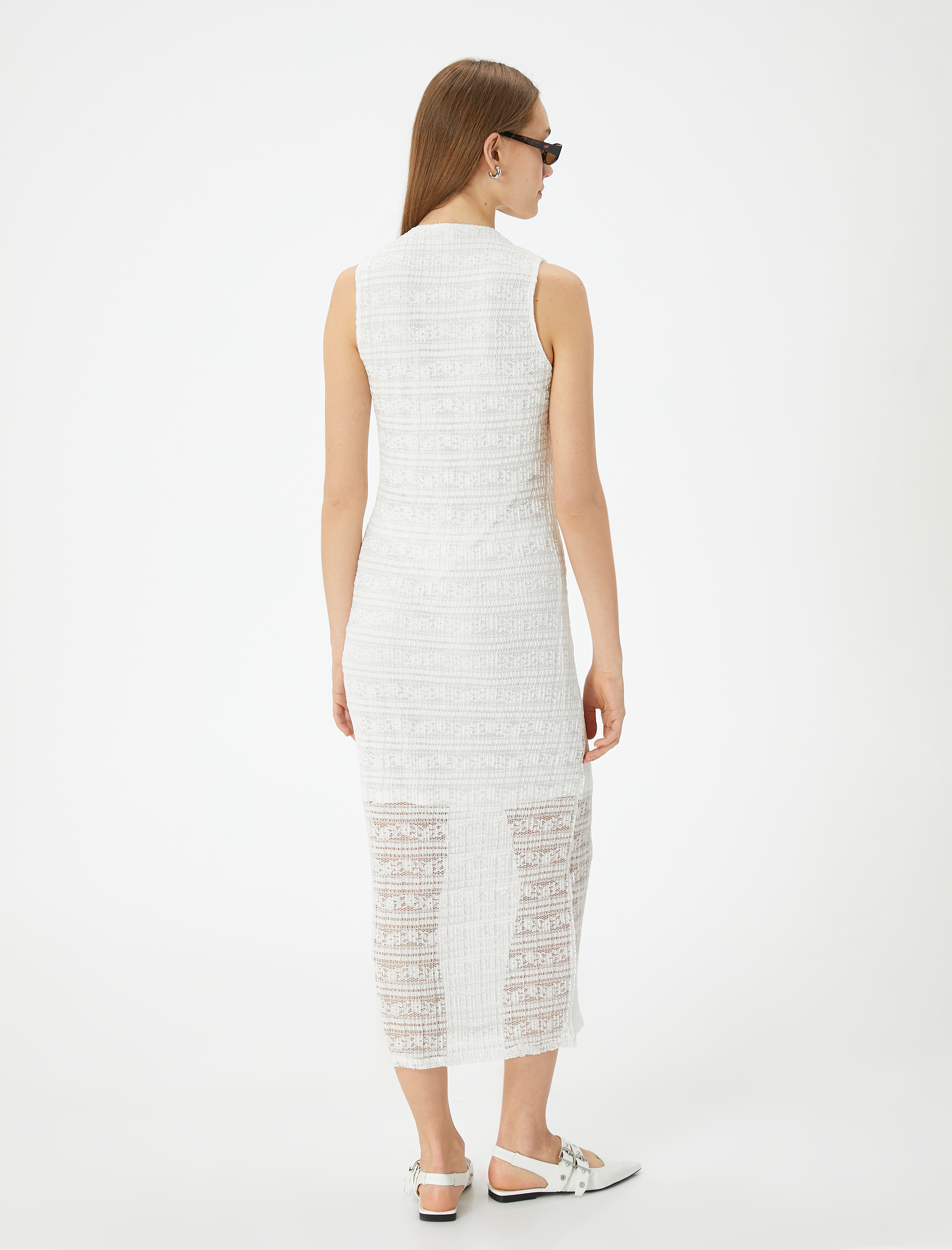   Midi Slip Elbise Bisiklet Yaka Kolsuz Yırtmaçlı