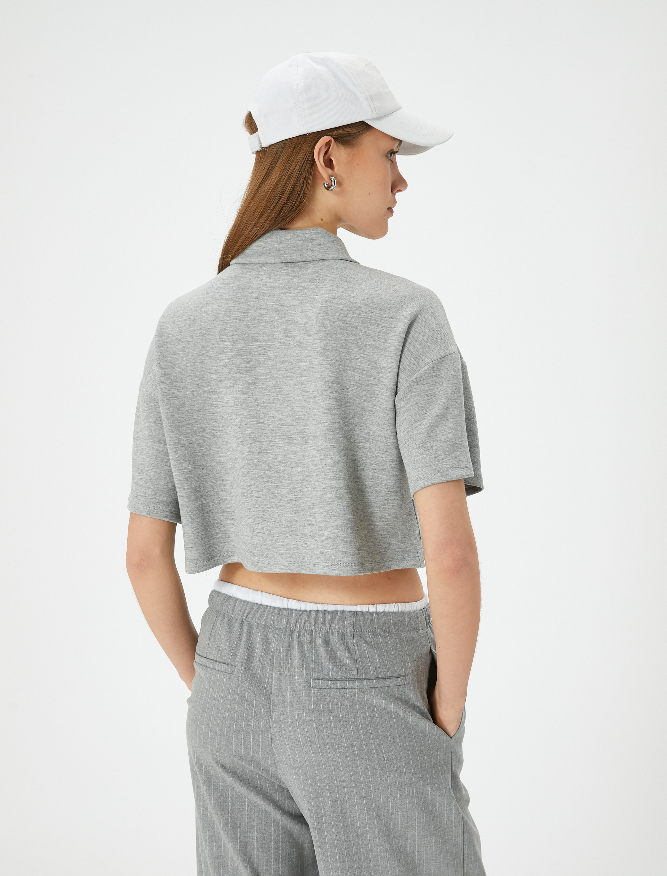 Polo Yaka Tişört Crop Kısa Kollu Düğmeli Viskon Karışımlı