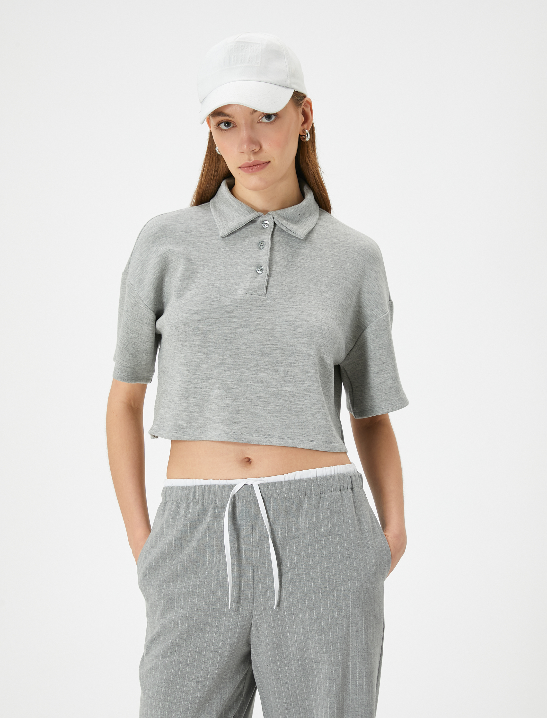 Polo Yaka Tişört Crop Kısa Kollu Düğmeli Viskon Karışımlı