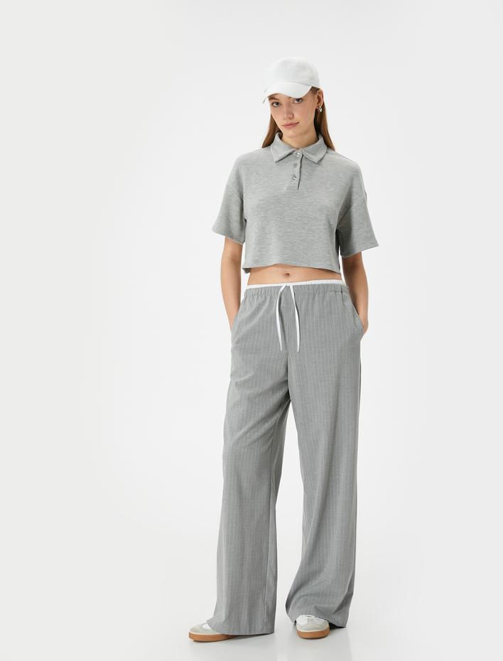  Polo Yaka Tişört Crop Kısa Kollu Düğmeli Viskon Karışımlı