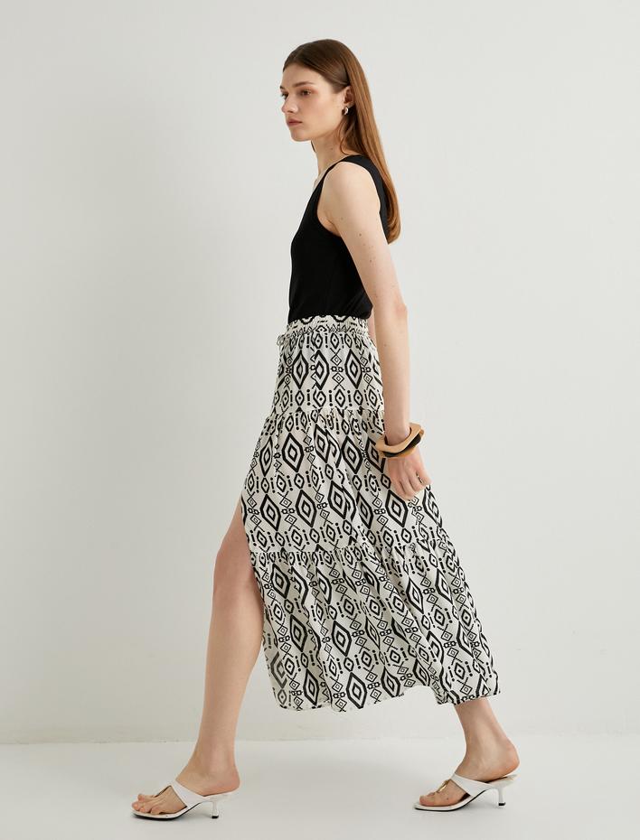  Midi Etek Yırtmaç Detaylı Beli Lastikli Etnik Desenli Viskon