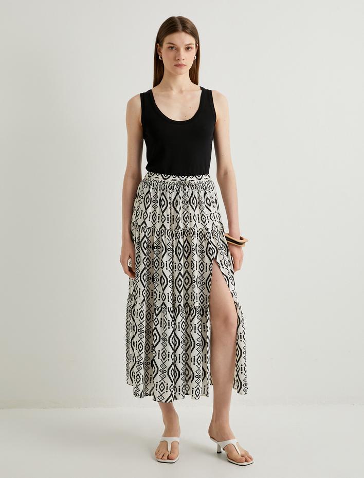  Midi Etek Yırtmaç Detaylı Beli Lastikli Etnik Desenli Viskon