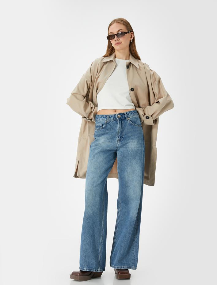  Kruvaze Oversize Trençkot Düğmeli Cep Detaylı