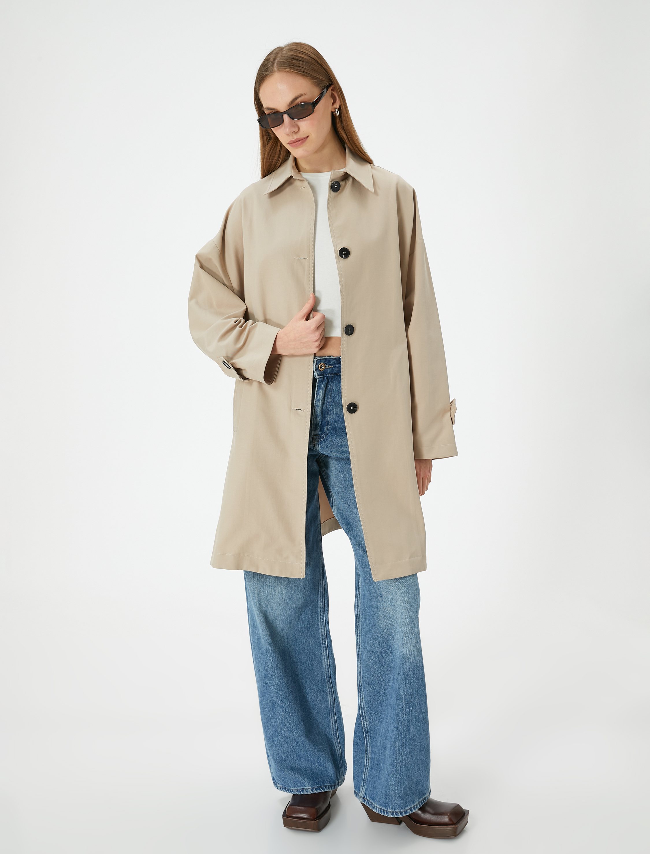   Kruvaze Oversize Trençkot Düğmeli Cep Detaylı