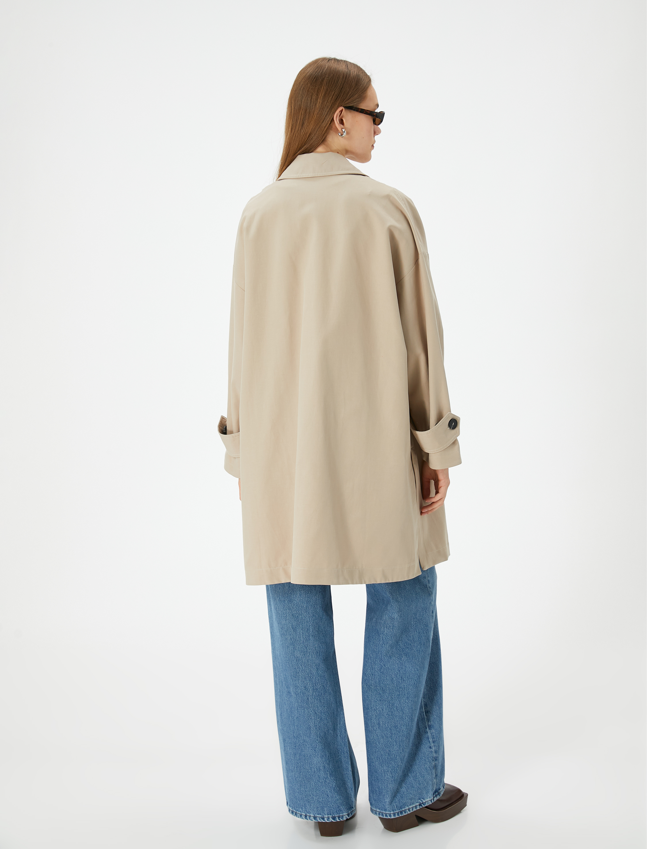   Kruvaze Oversize Trençkot Düğmeli Cep Detaylı