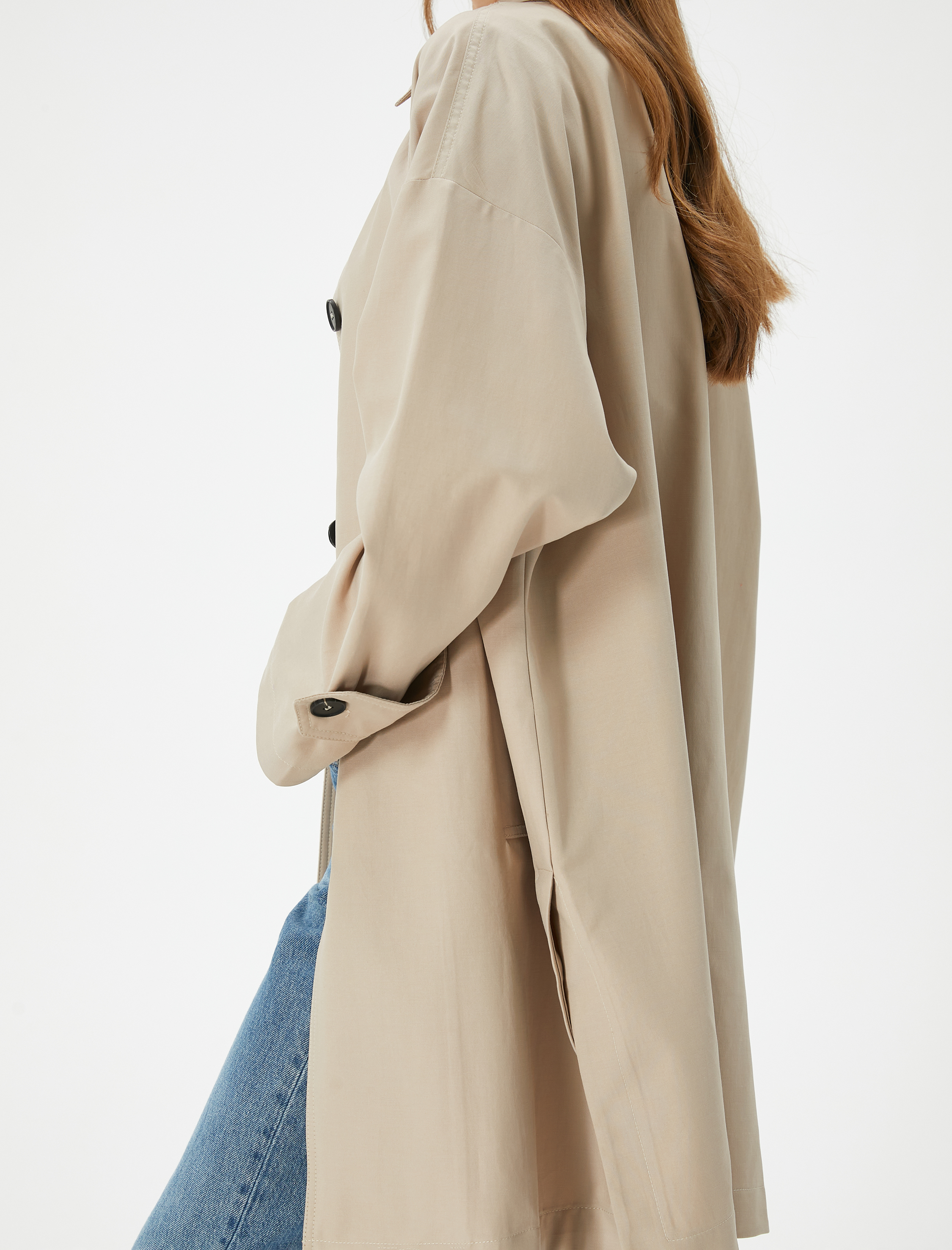   Kruvaze Oversize Trençkot Düğmeli Cep Detaylı