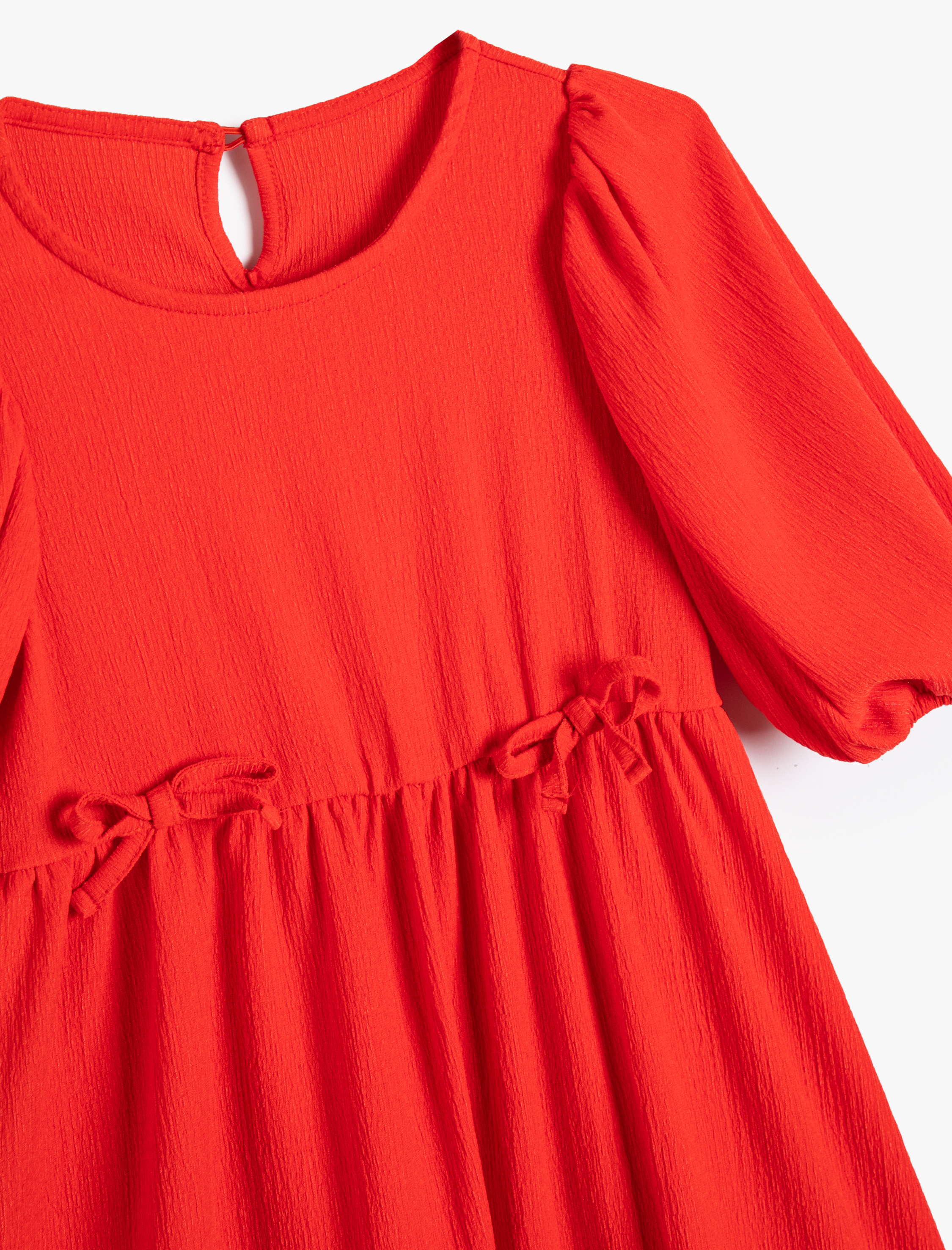  Kız Çocuk Elbise Balon Kollu Yuvarlak Yaka