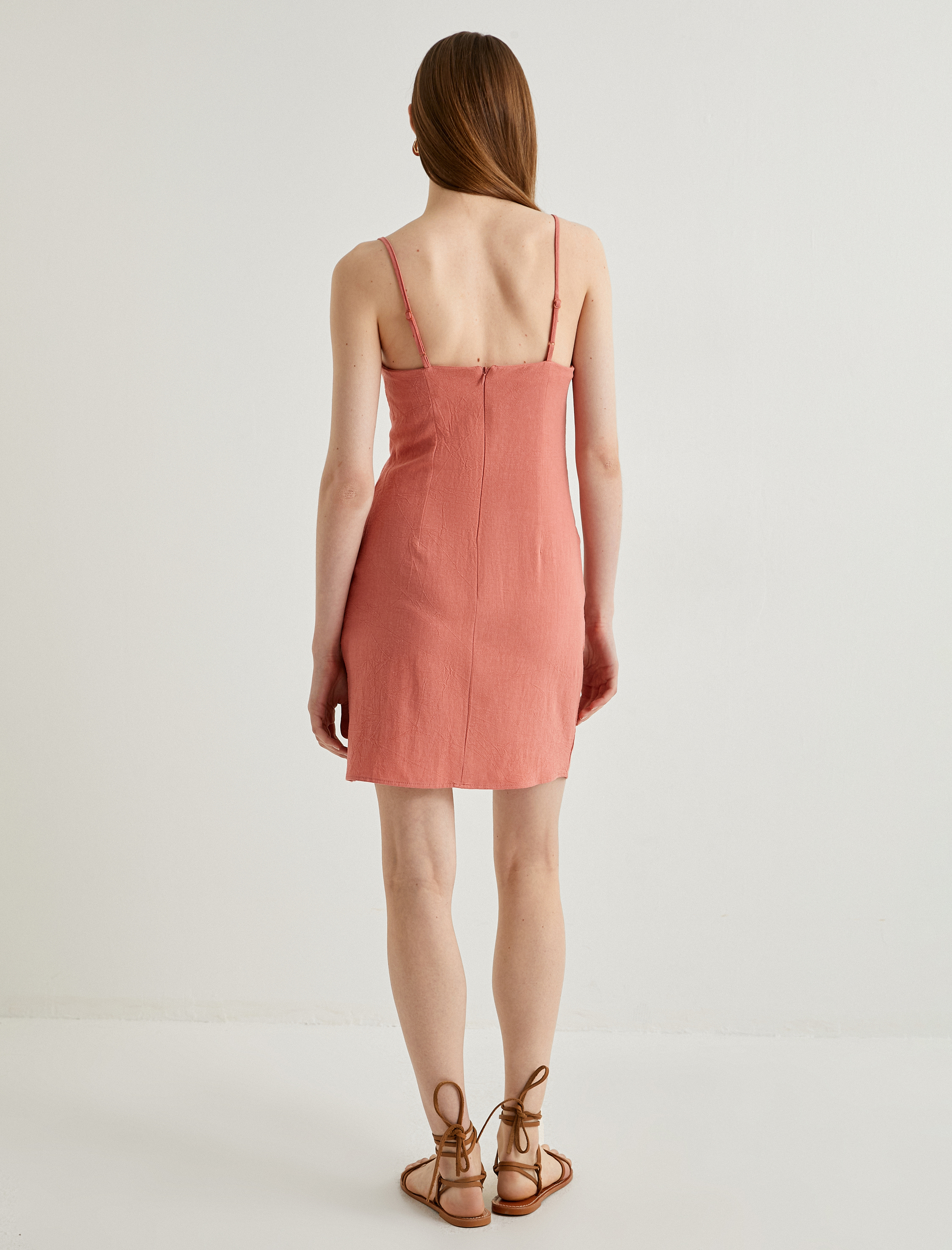   Keten Karışımlı Elbise Mini İnce Askılı Boncuklu