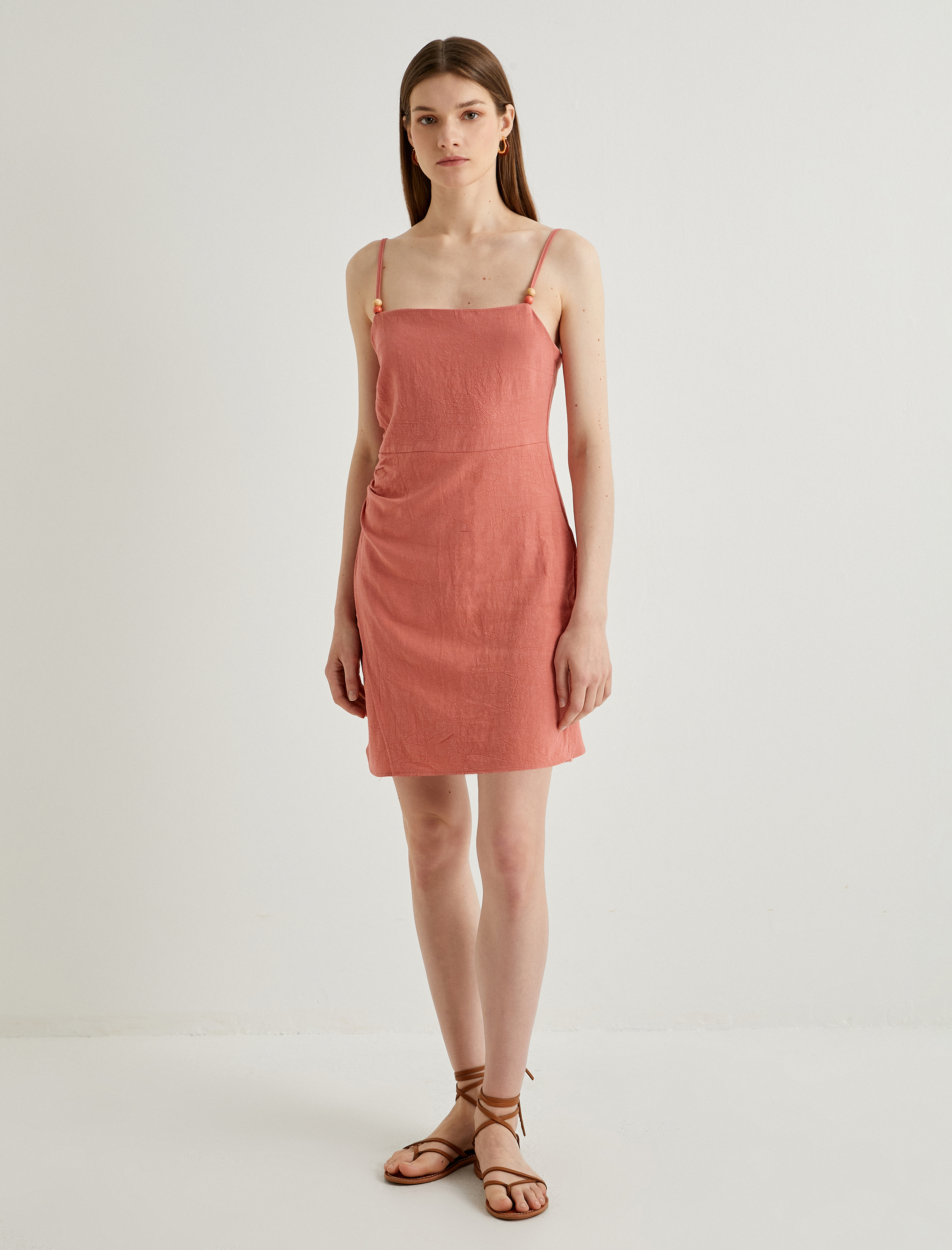   Keten Karışımlı Elbise Mini İnce Askılı Boncuklu