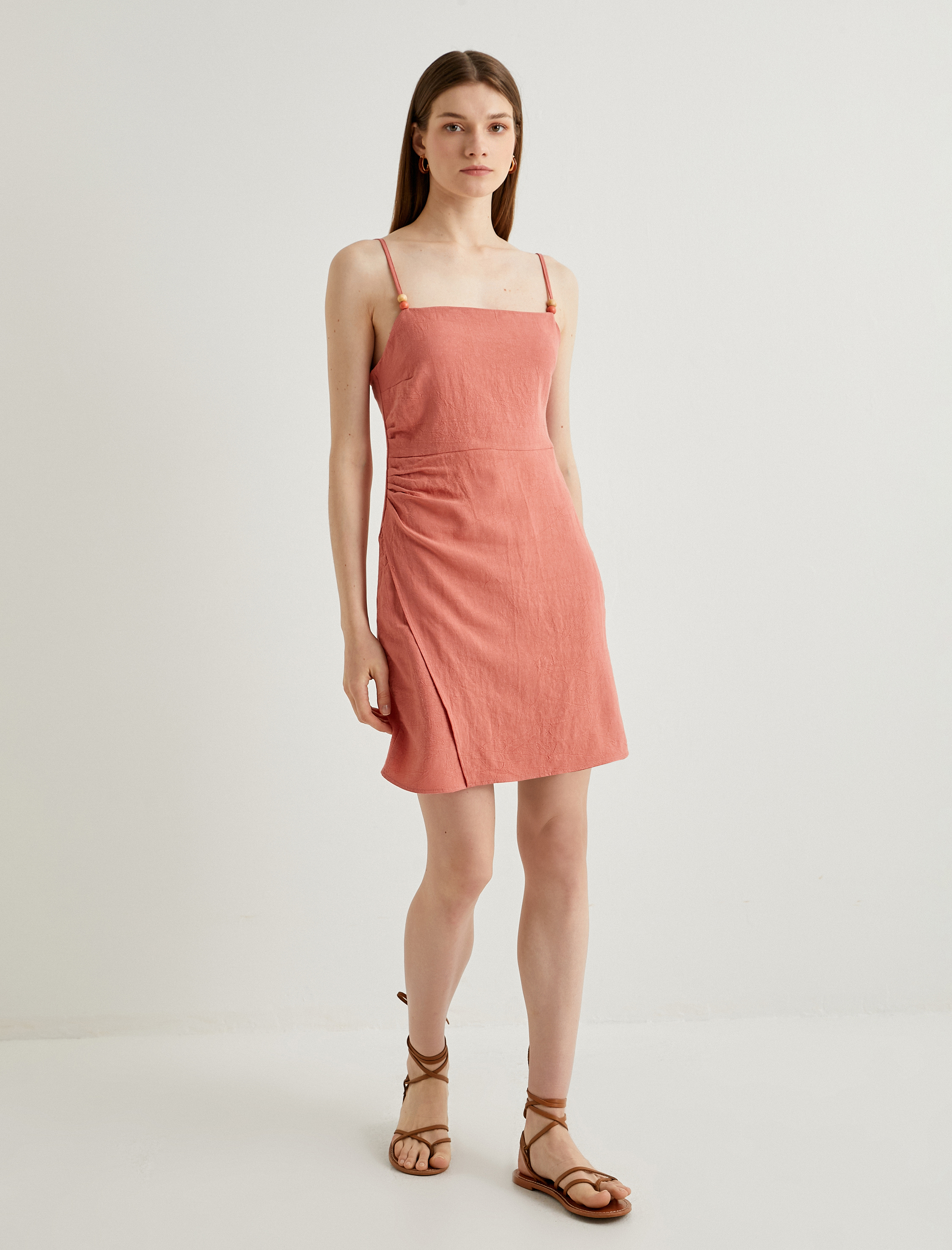   Keten Karışımlı Elbise Mini İnce Askılı Boncuklu