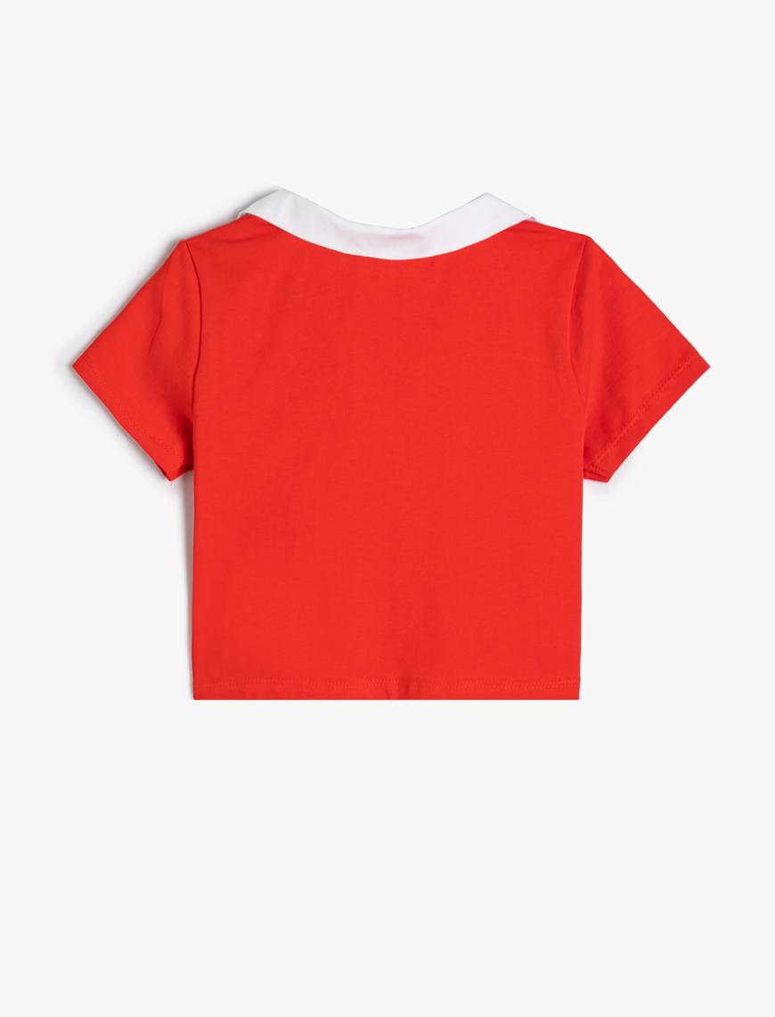  Kız Çocuk Polo Yaka Tişört Baskı Detaylı  Kısa Kollu Renk Bloklu Pamuklu