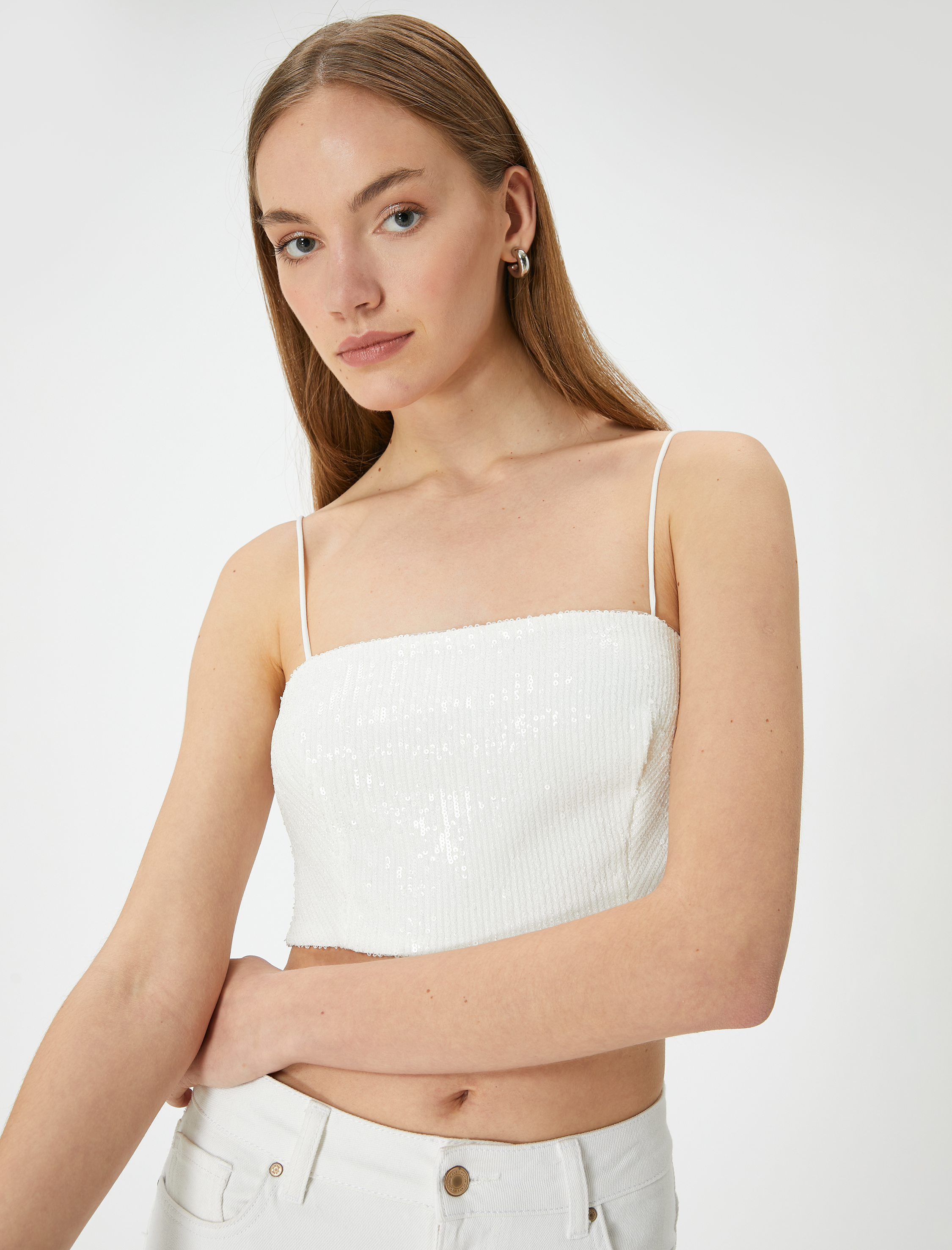   Pullu Payetli Askılı Abiye Üst Crop Slim Fit