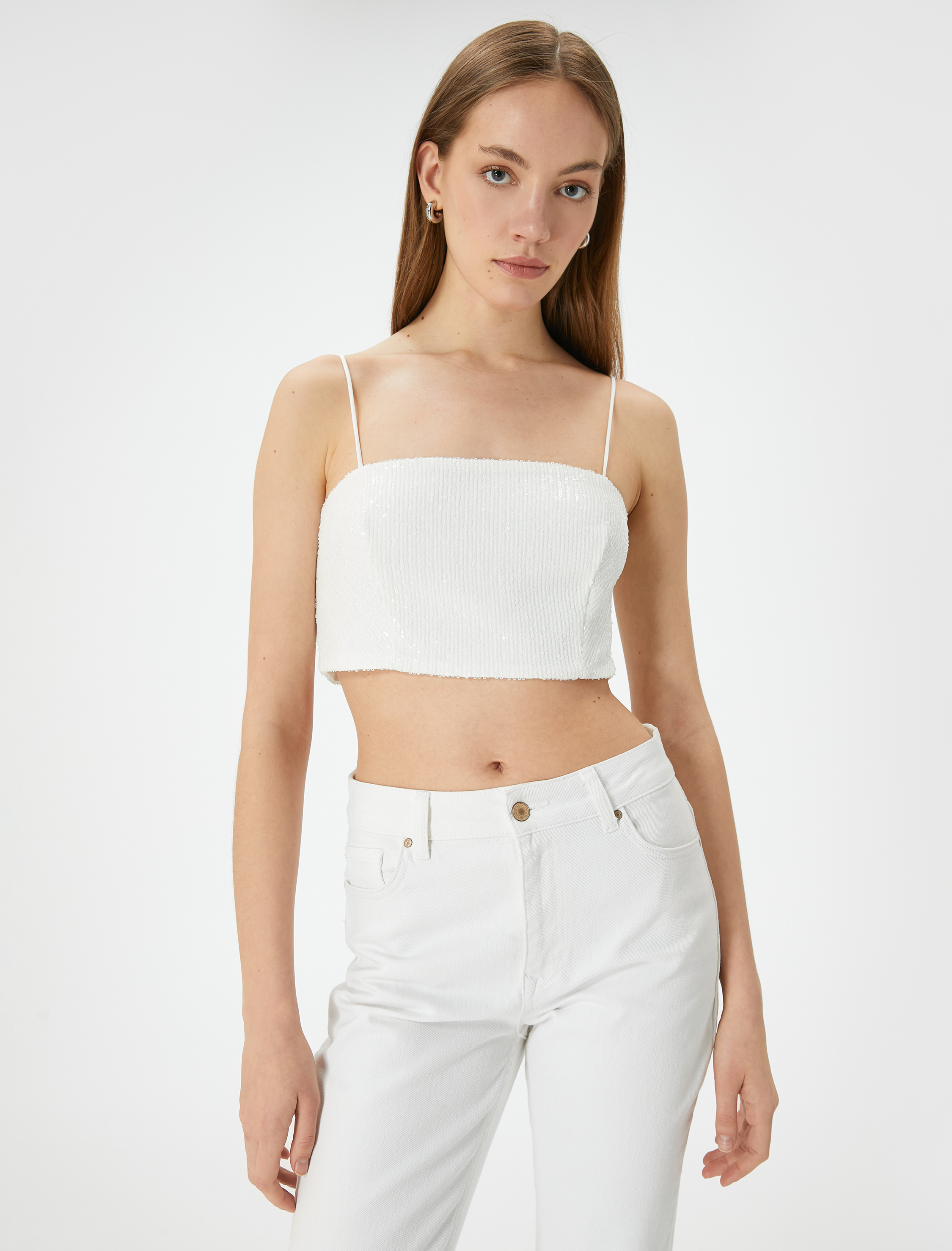   Pullu Payetli Askılı Abiye Üst Crop Slim Fit