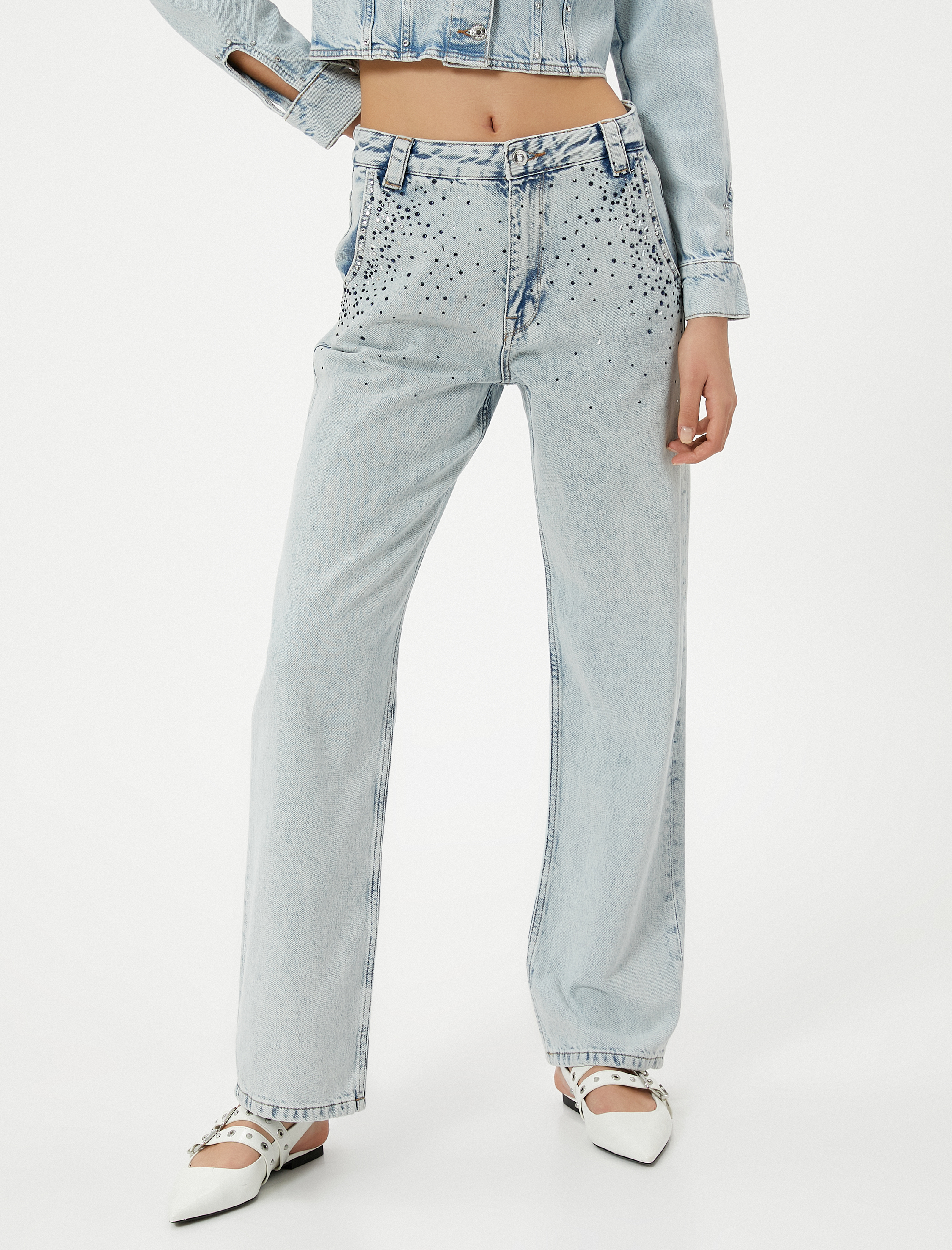   Yüksek Bel Düz Paça Taşlı Kot Pantolon Cepli - Straight Jeans