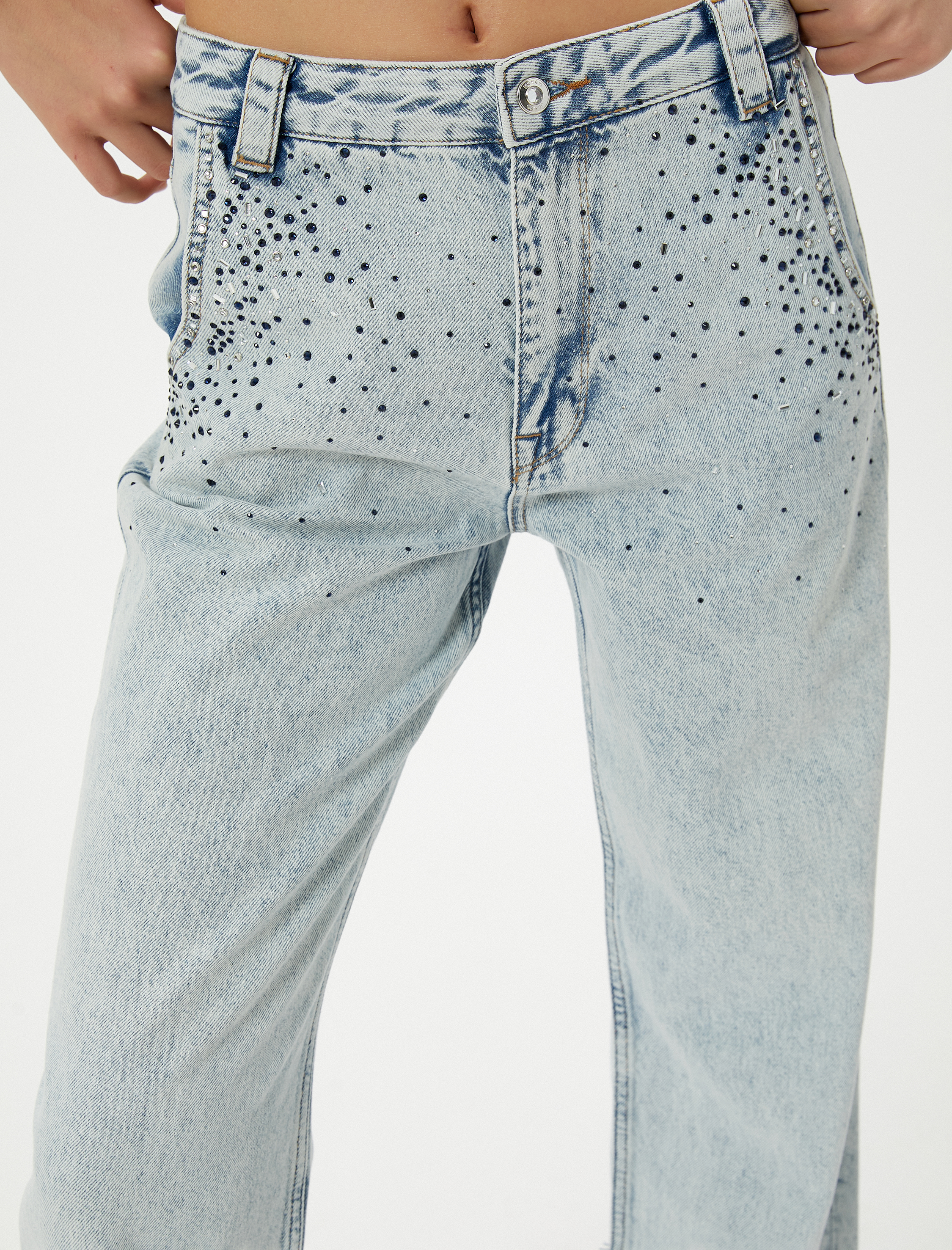   Yüksek Bel Düz Paça Taşlı Kot Pantolon Cepli - Straight Jeans