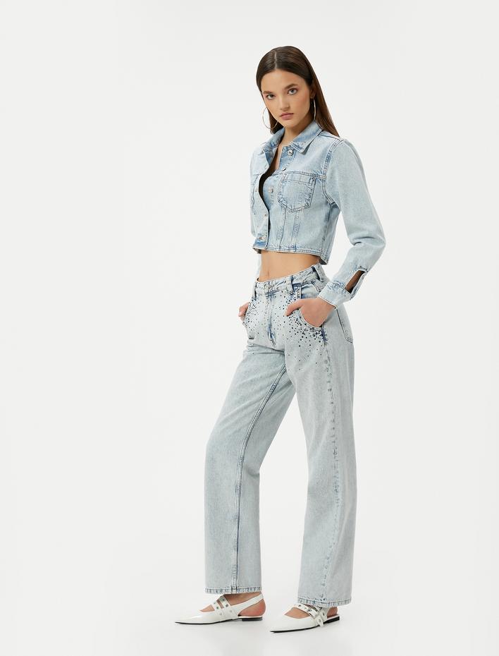  Yüksel Bel Düz Paça Taşlı Kot Pantolon Cepli - Eve Straight Jeans