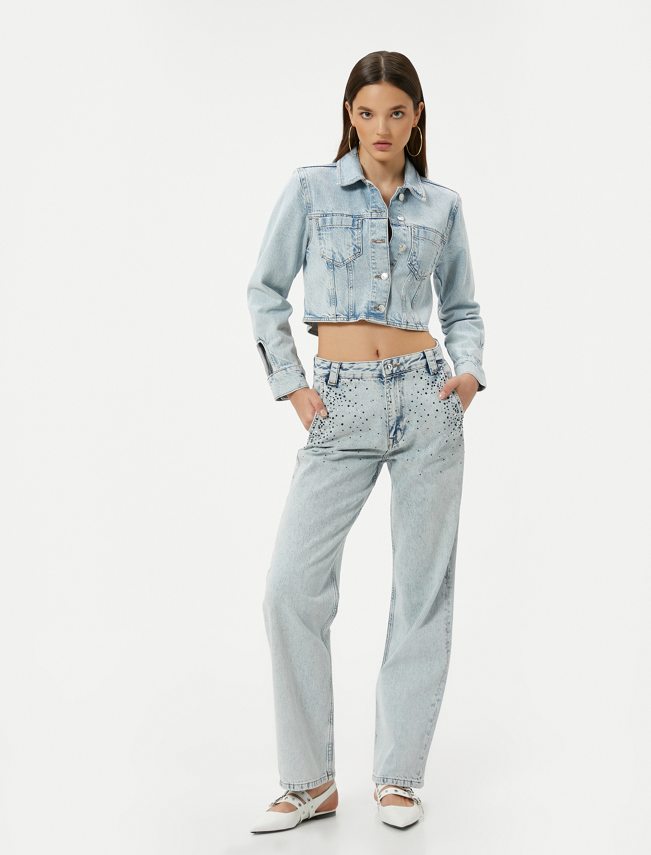   Yüksek Bel Düz Paça Taşlı Kot Pantolon Cepli - Straight Jeans