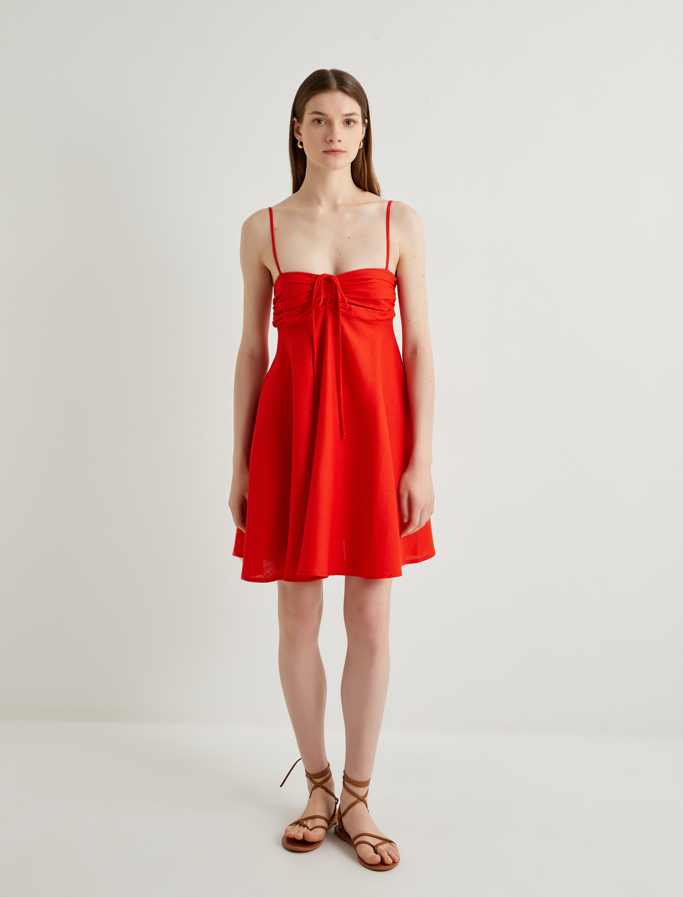   Keten Karışımlı Elbise Mini İnce Askılı Bağlama Detaylı Drapeli