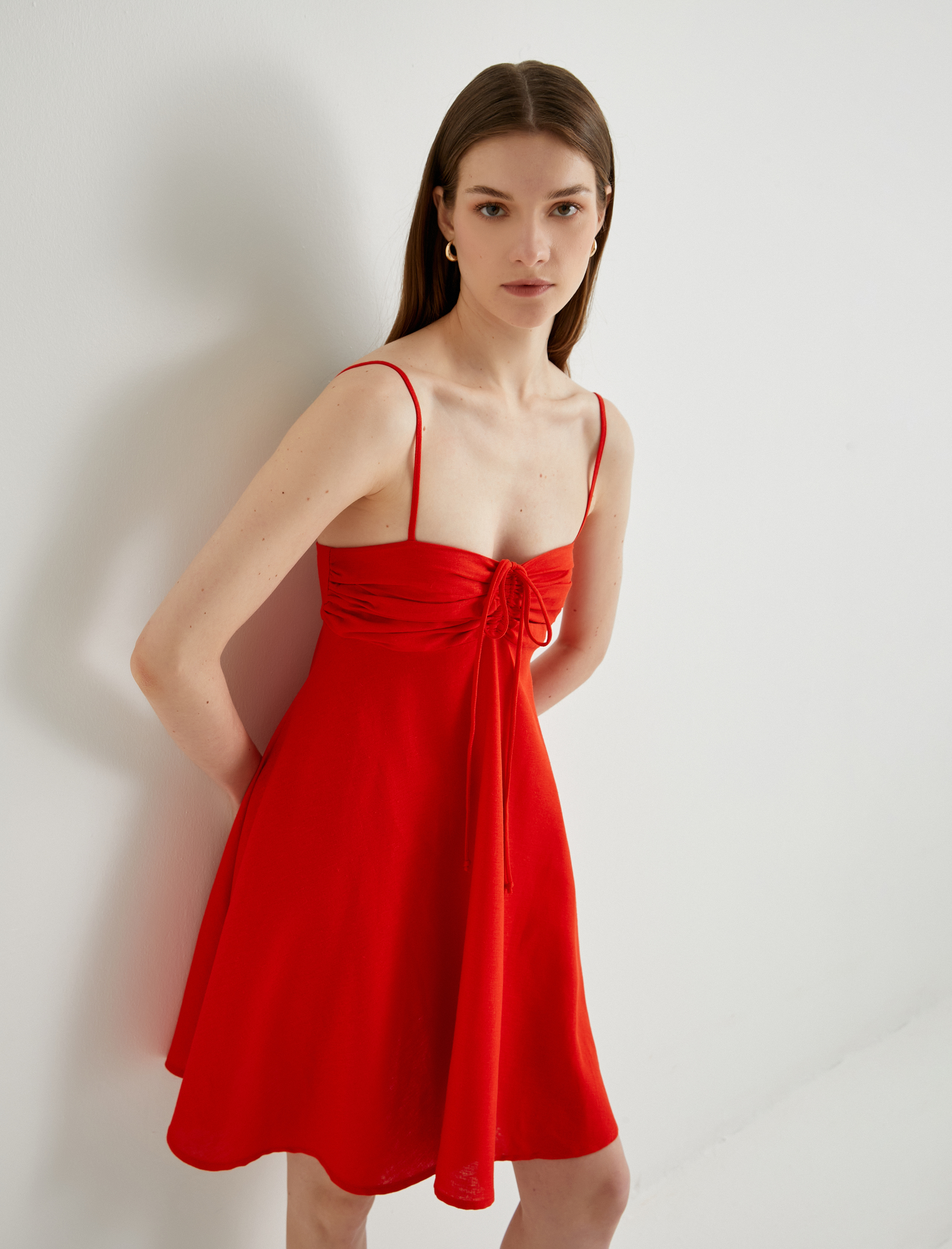   Keten Karışımlı Elbise Mini İnce Askılı Bağlama Detaylı Drapeli