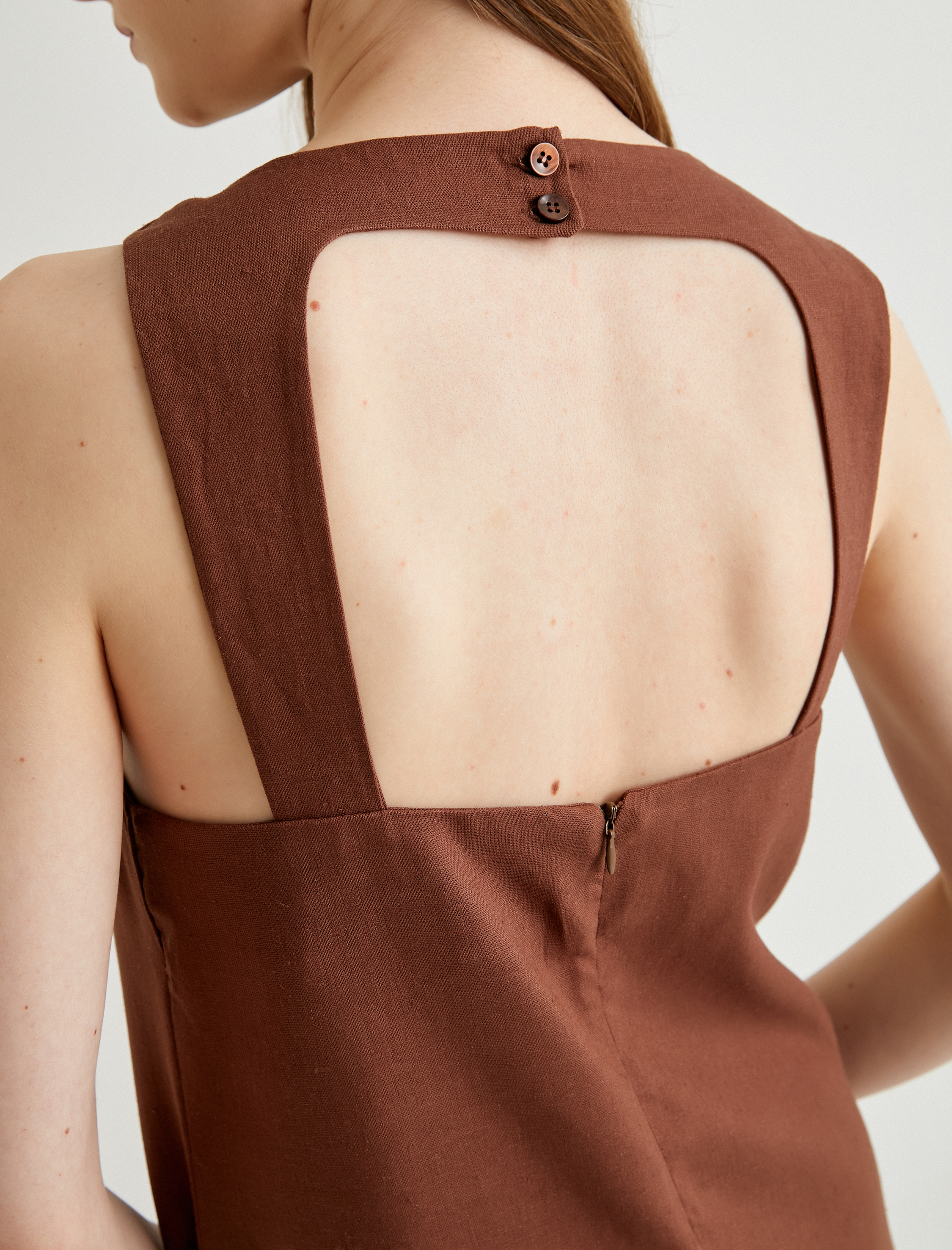   Mini Keten Elbise Sırtı Pencere Detaylı Bisiklet Yaka