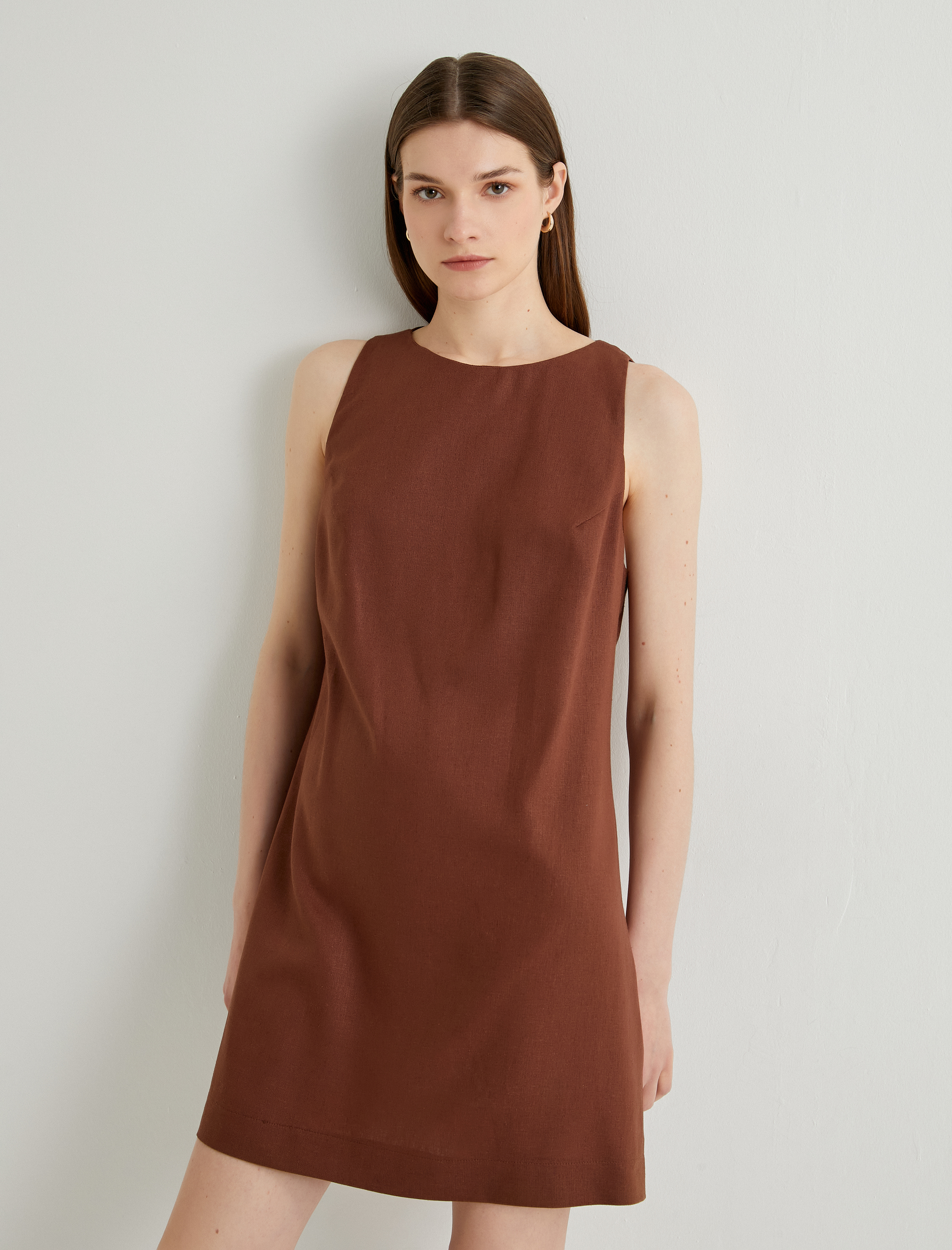   Mini Keten Elbise Sırtı Pencere Detaylı Bisiklet Yaka