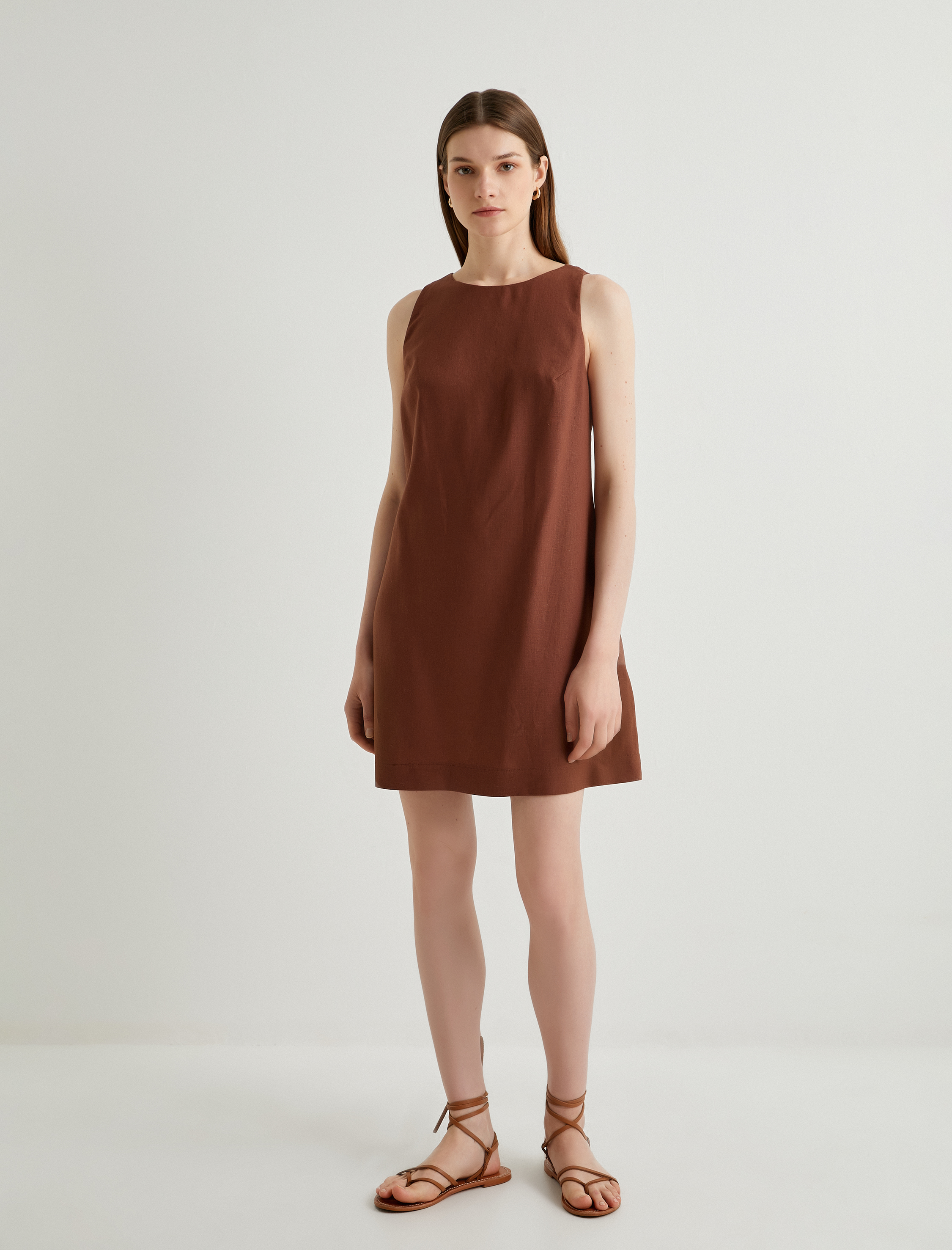   Mini Keten Elbise Sırtı Pencere Detaylı Bisiklet Yaka