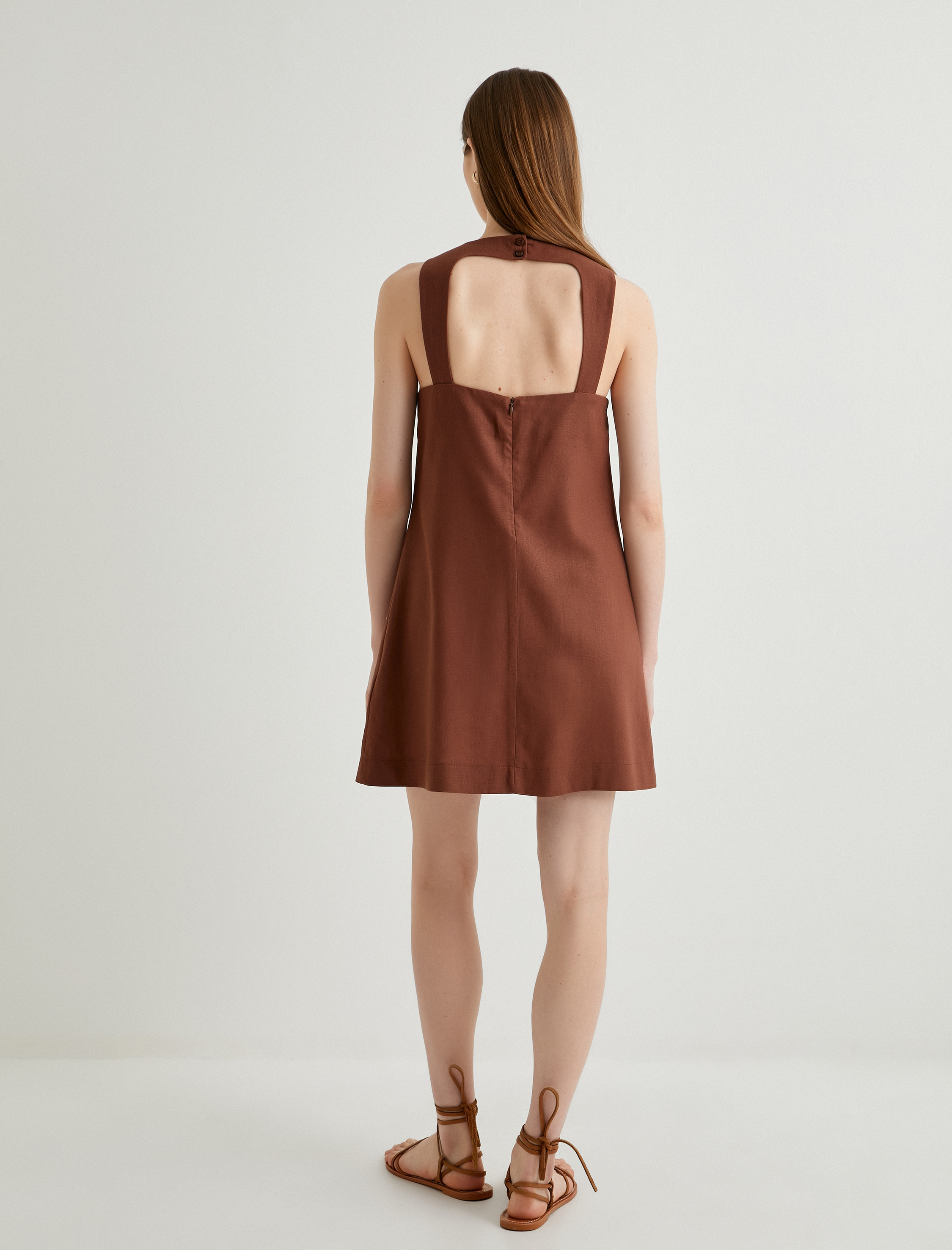   Mini Keten Elbise Sırtı Pencere Detaylı Bisiklet Yaka