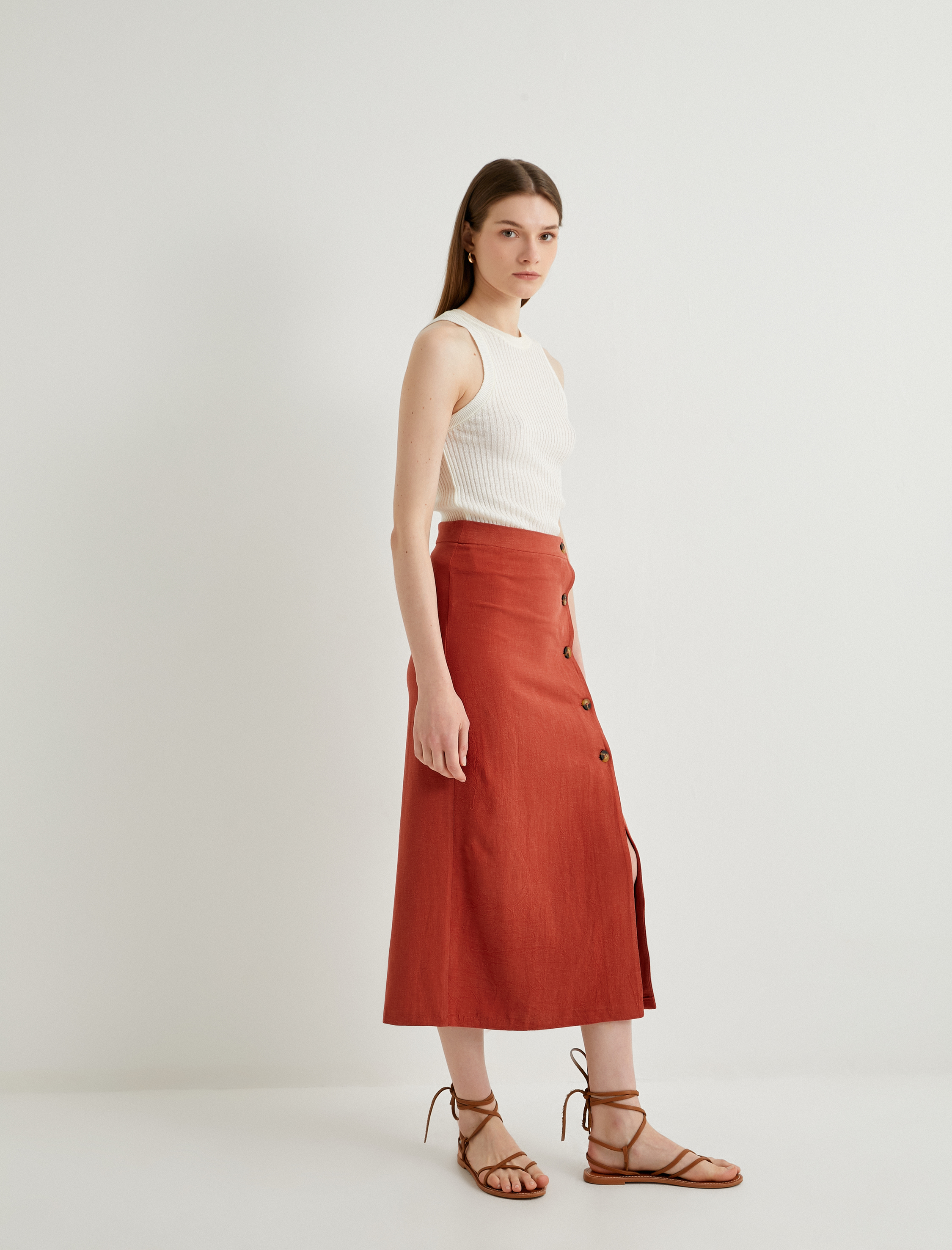   Keten Karışımlı Etek Midi Düğmeli Yırtmaç Detaylı Normal Bel