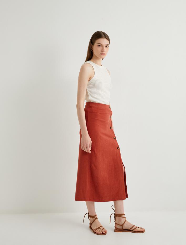  Keten Karışımlı Etek Midi Düğmeli Yırtmaç Detaylı Normal Bel