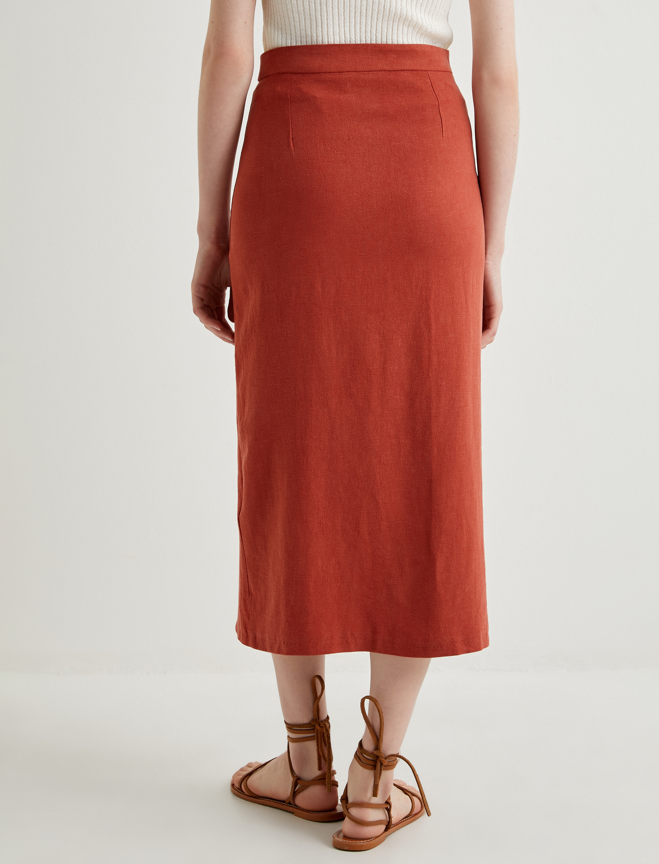   Keten Karışımlı Etek Midi Düğmeli Yırtmaç Detaylı Normal Bel