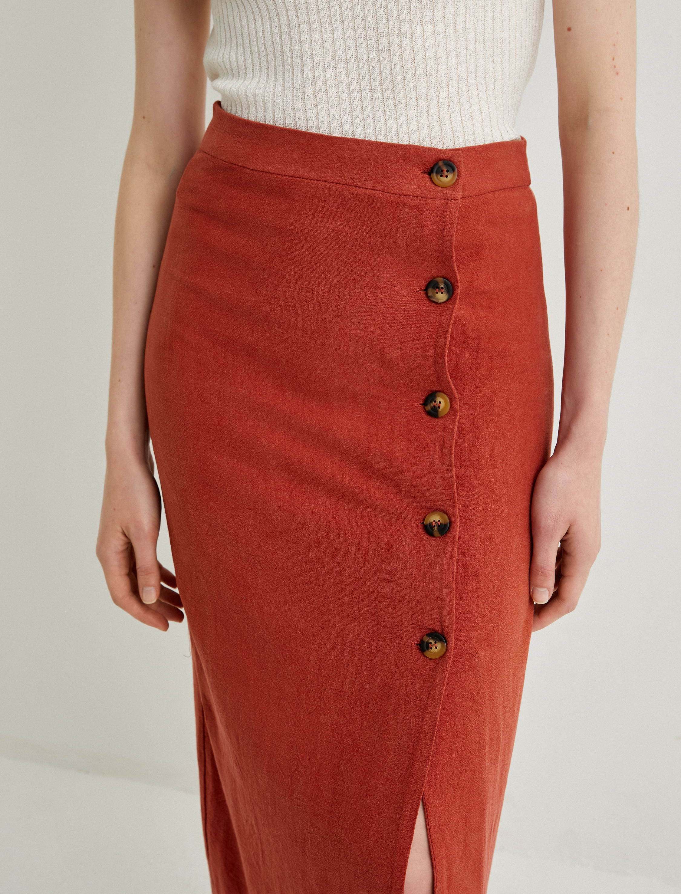   Keten Karışımlı Etek Midi Düğmeli Yırtmaç Detaylı Normal Bel