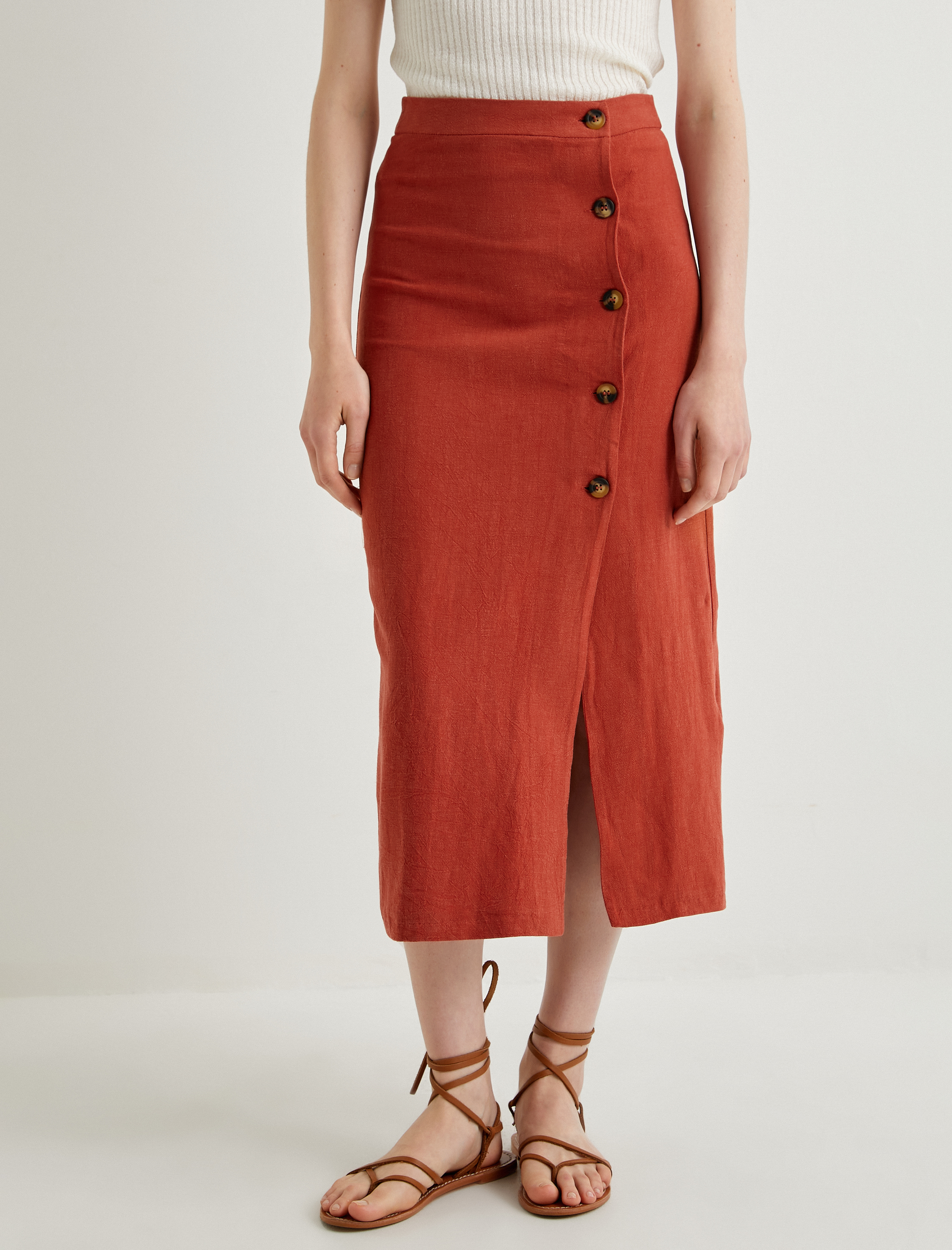   Keten Karışımlı Etek Midi Düğmeli Yırtmaç Detaylı Normal Bel