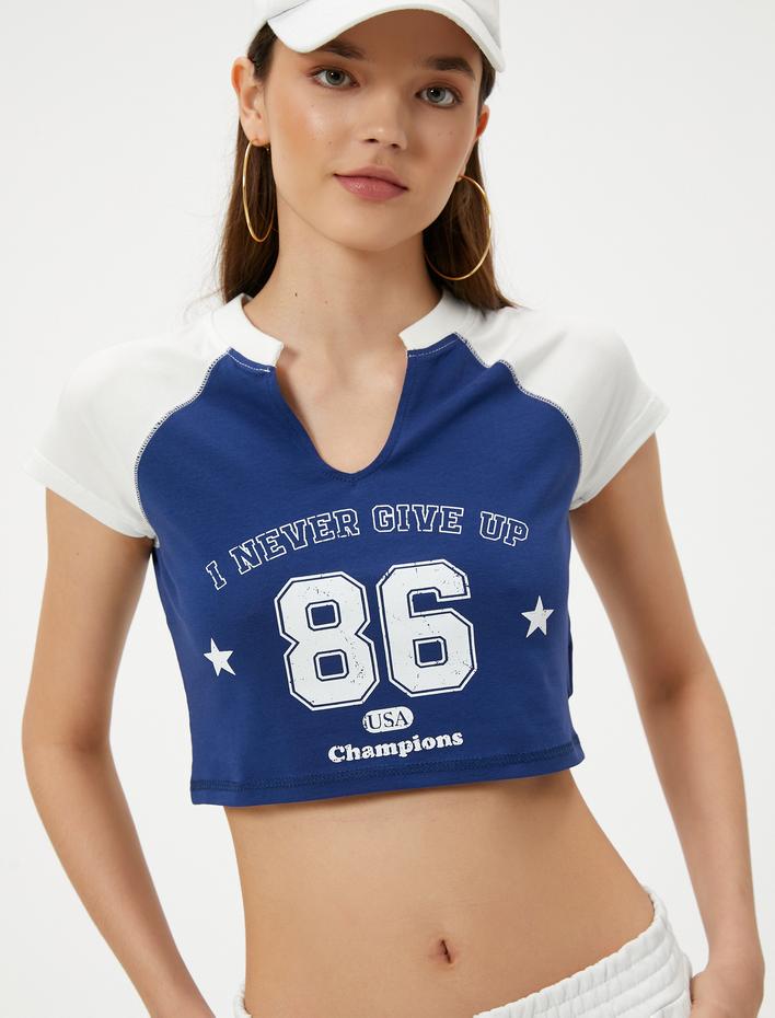  Kolej Crop Tişört V Yaka Renk Bloklu Pamuklu Slim Fit