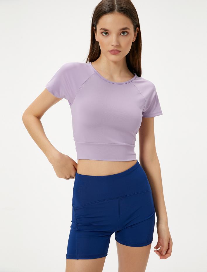  Yoga Crop Tişört Arkası Bağlama Detaylı Kısa Kollu Bisiklet Yaka Slim Fit