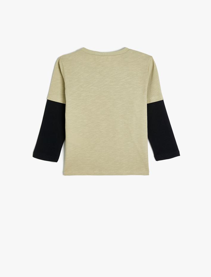 Erkek Bebek Tişört Dinozor Baskılı Uzun Kollu Bisiklet Yaka Pamuklu