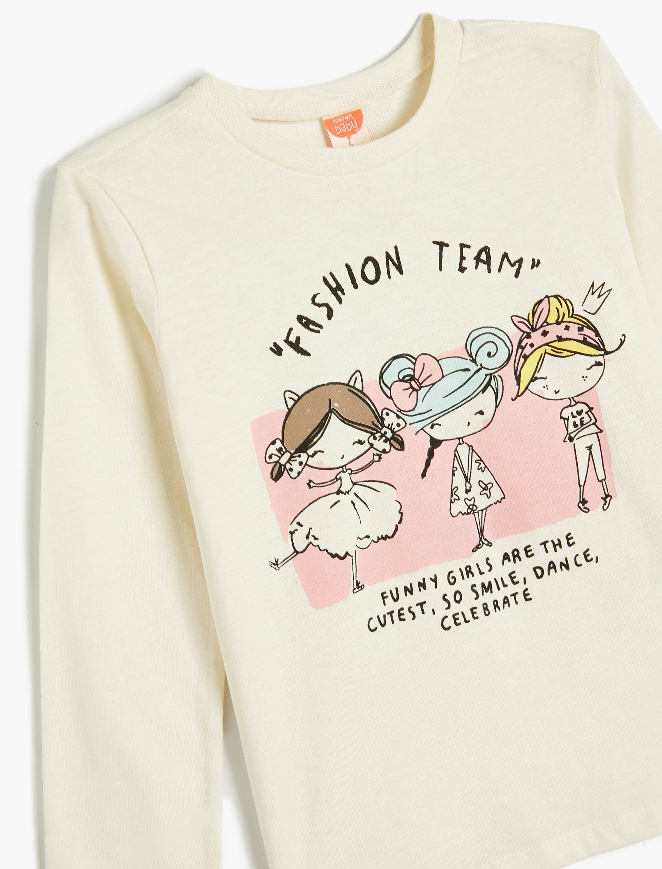  Kız Bebek Uzun Kollu Bisiklet Yaka Baskı Detaylı Pamuklu Tişört