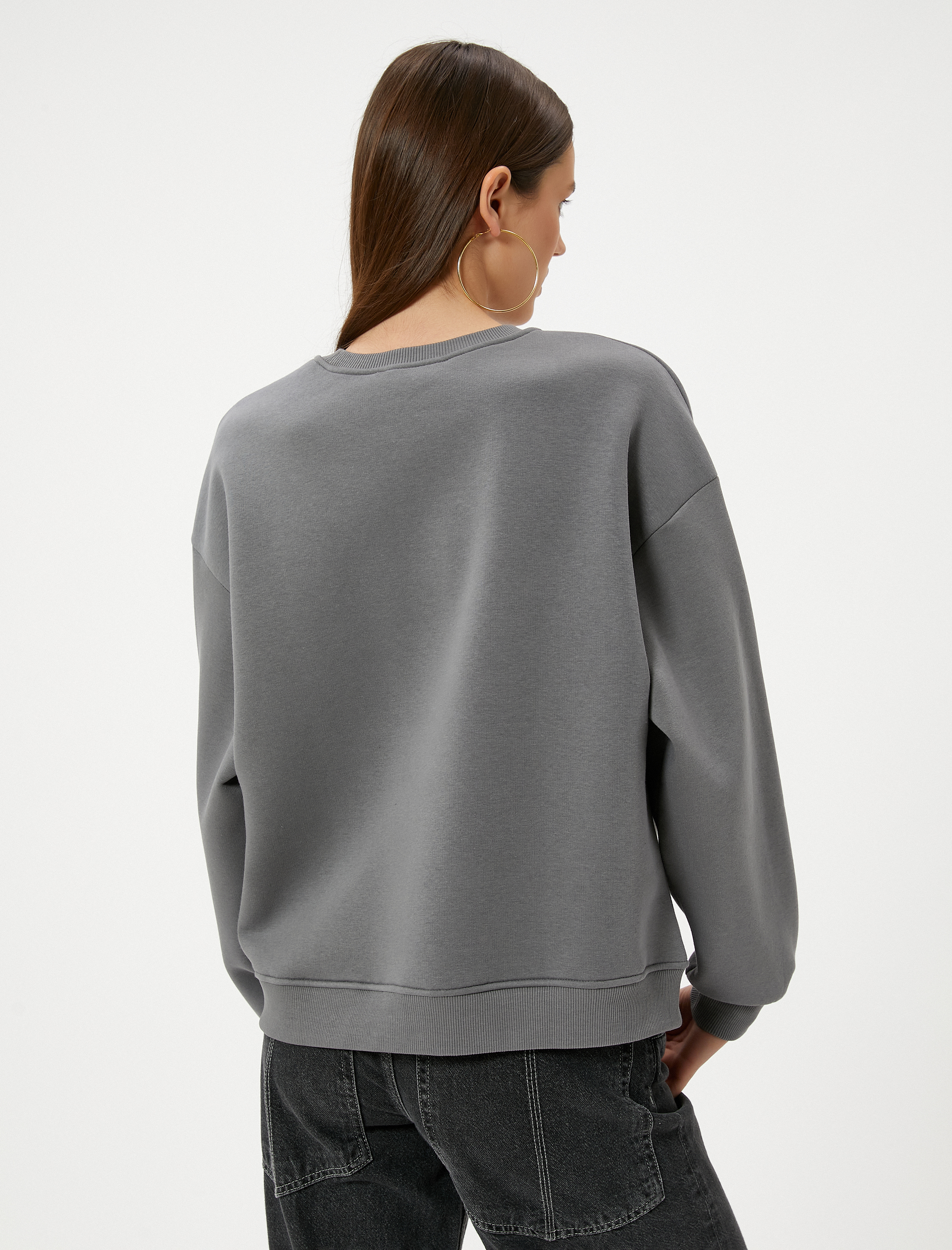   Şardonlu Baskılı Sweatshirt Rahat Kalıp Bisiklet Yaka Uzun Kollu