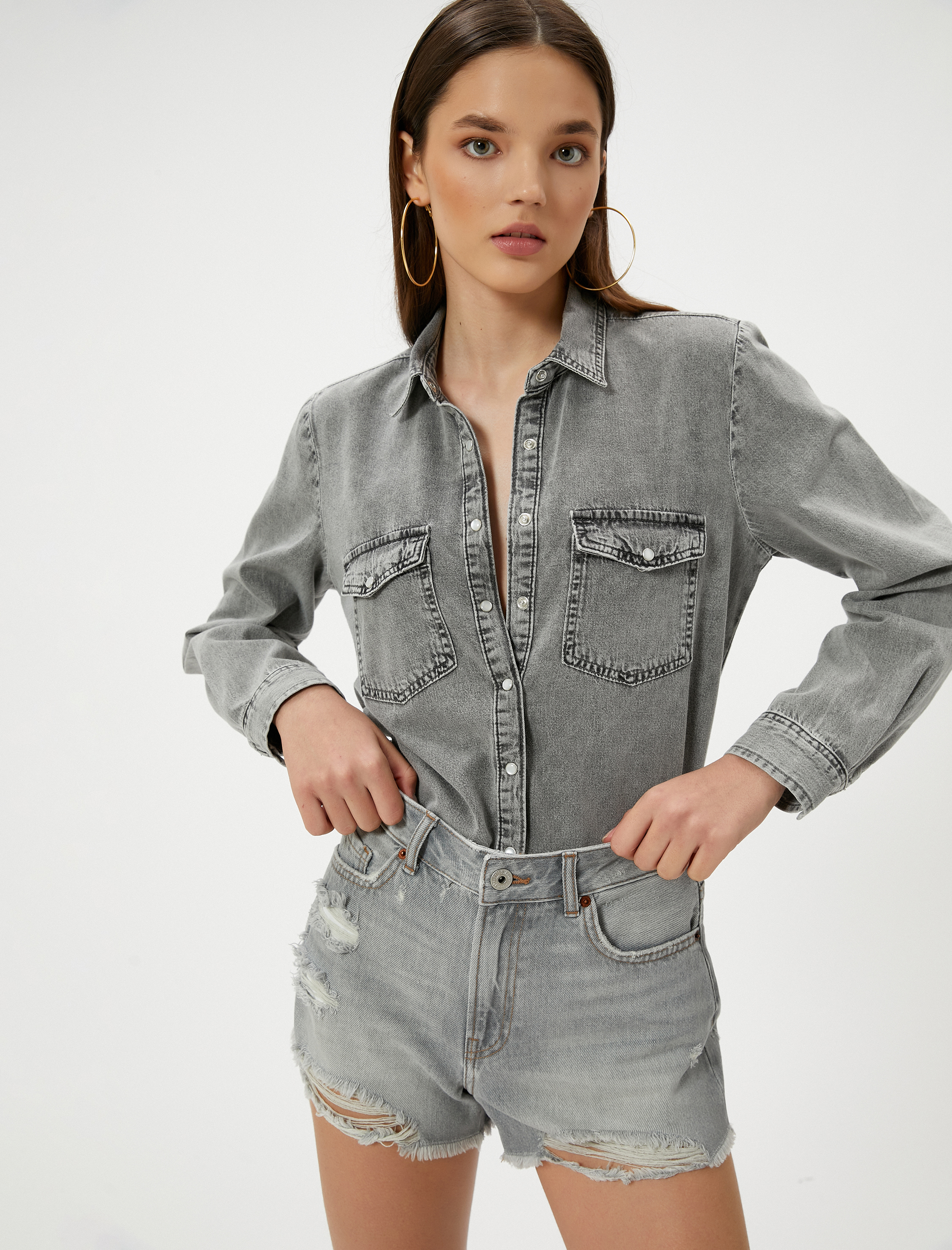   Kot Gömlek Uzun Kollu Cepli Çıtçıt Düğmeli Pamuklu Rahat Kesim