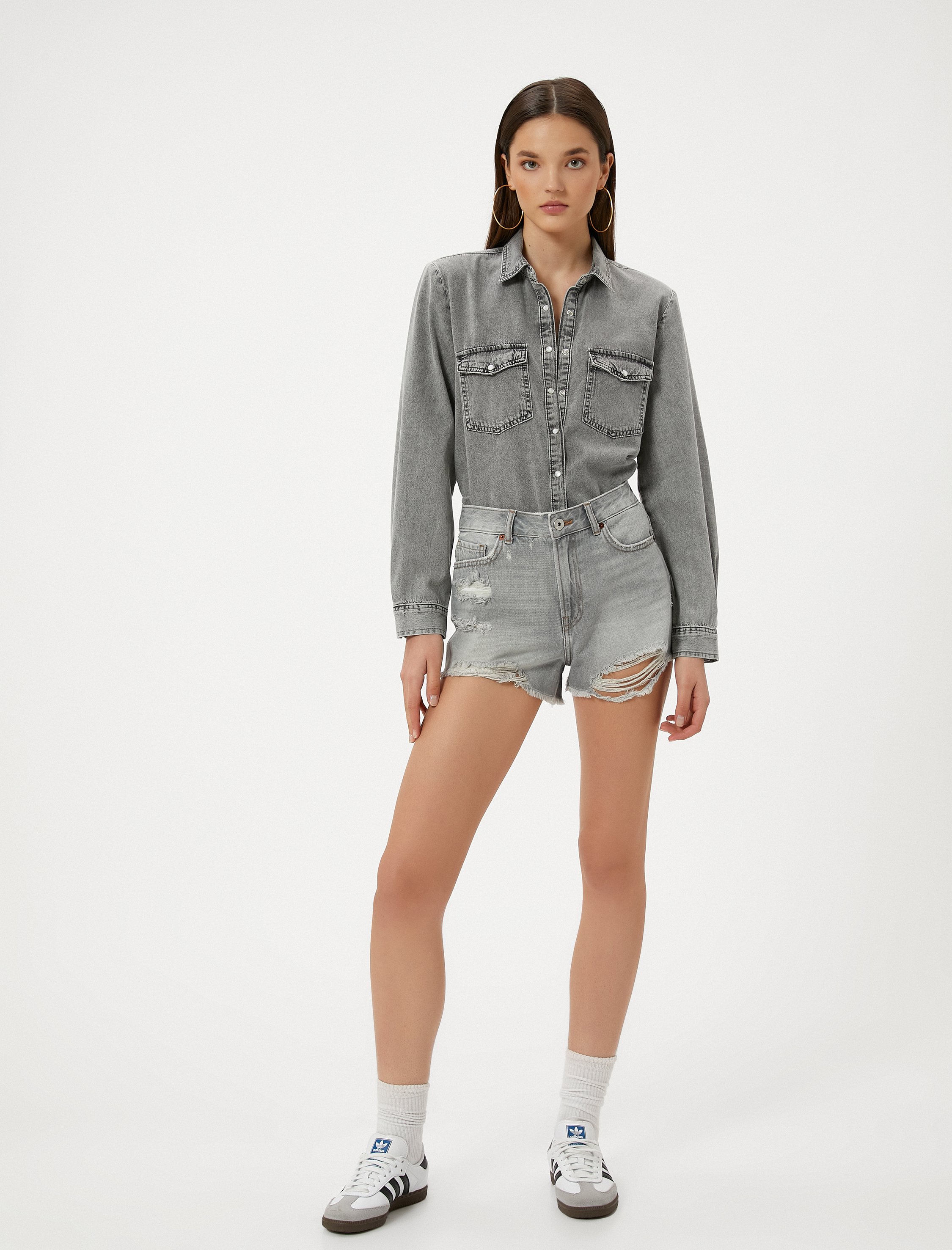   Kot Gömlek Uzun Kollu Cepli Çıtçıt Düğmeli Pamuklu Rahat Kesim