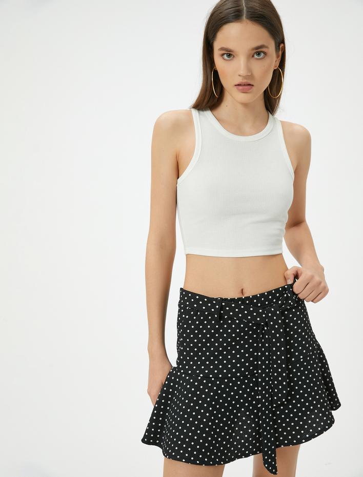  Puantiyeli Mini Şort Etek Kemer Detaylı Rahat Kalıp Bürümcük