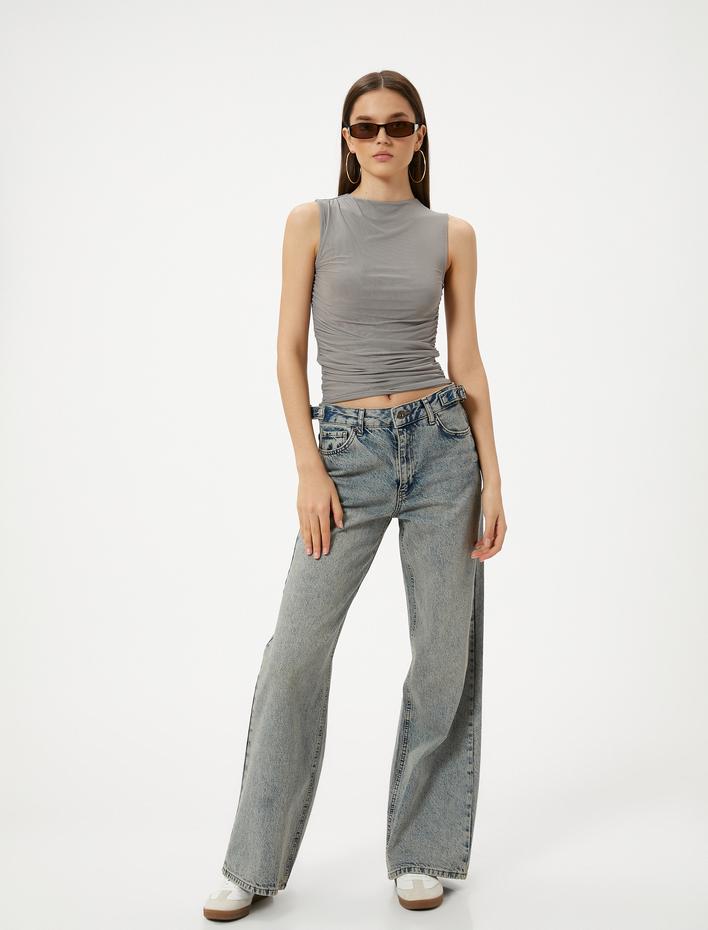  Kolsuz Tül Tişört Drapeli Slim Fit Yuvarlak Yaka