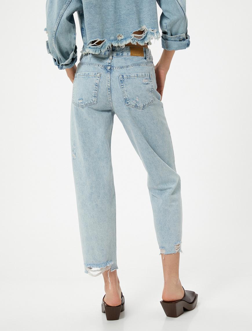   Çok Yıpratmalı Kısa Düz Kesik Paça Kot Pantolon Cepli - Eve Straight Jeans
