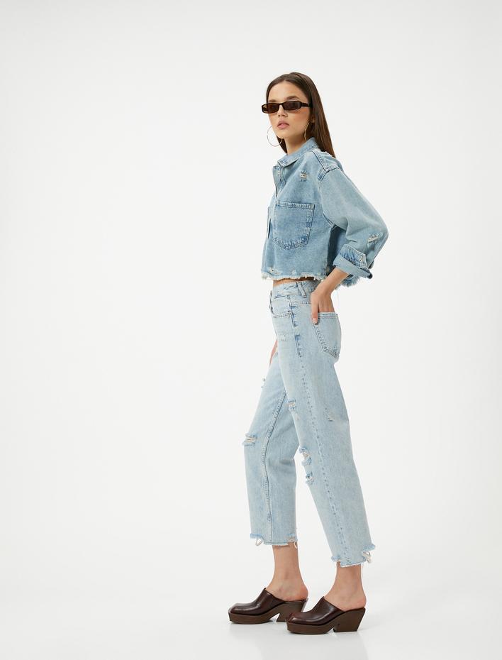  Çok Yıpratmalı Kısa Düz Kesik Paça Kot Pantolon Cepli - Eve Straight Jeans