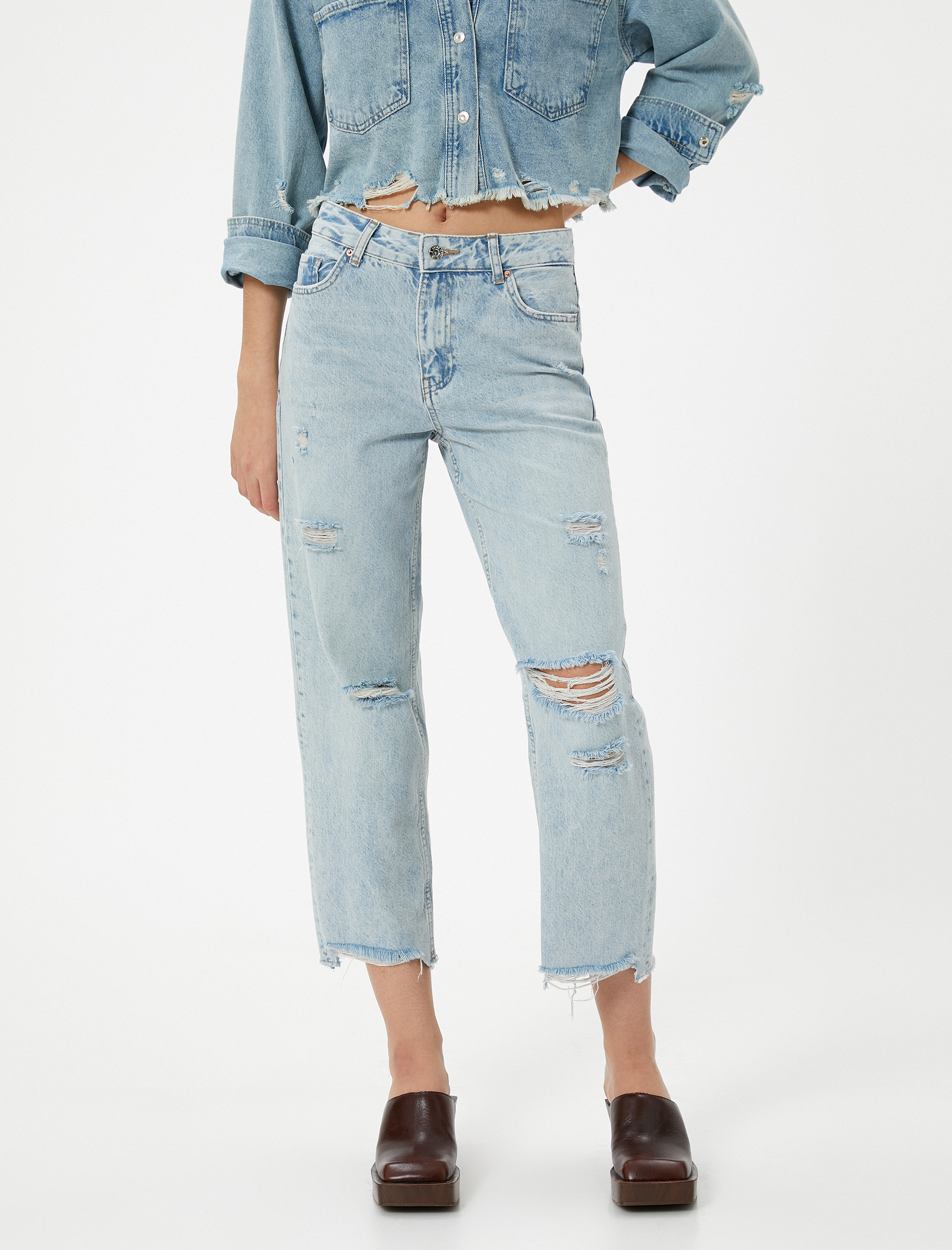 Çok Yıpratmalı Kısa Düz Kesik Paça Kot Pantolon Cepli - Eve Straight Jeans