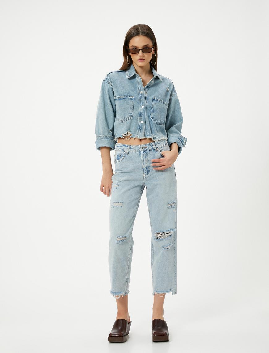   Çok Yıpratmalı Kısa Düz Kesik Paça Kot Pantolon Cepli - Eve Straight Jeans