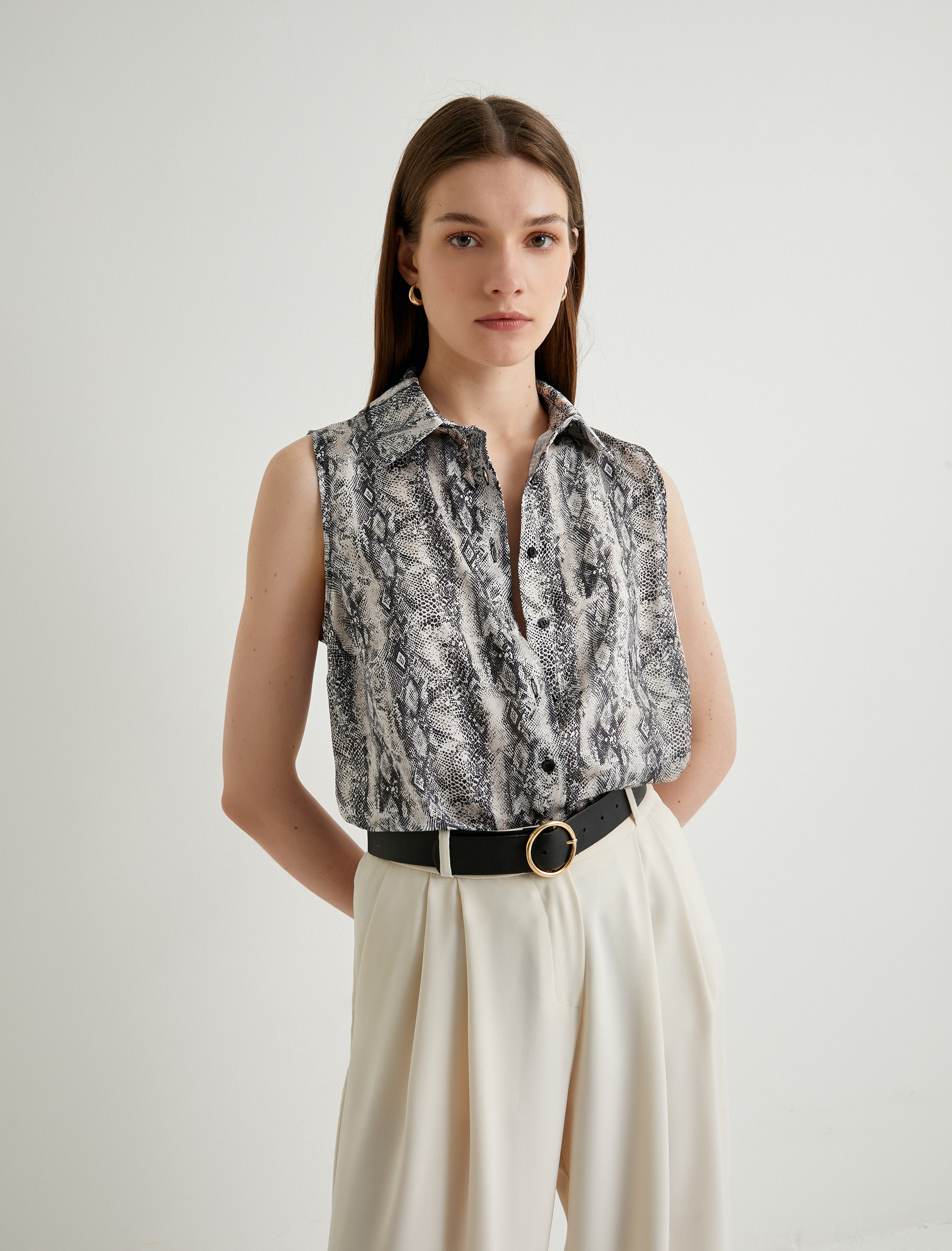   Yılan Derisi Desenli Gömlek Kolsuz Düğmeli