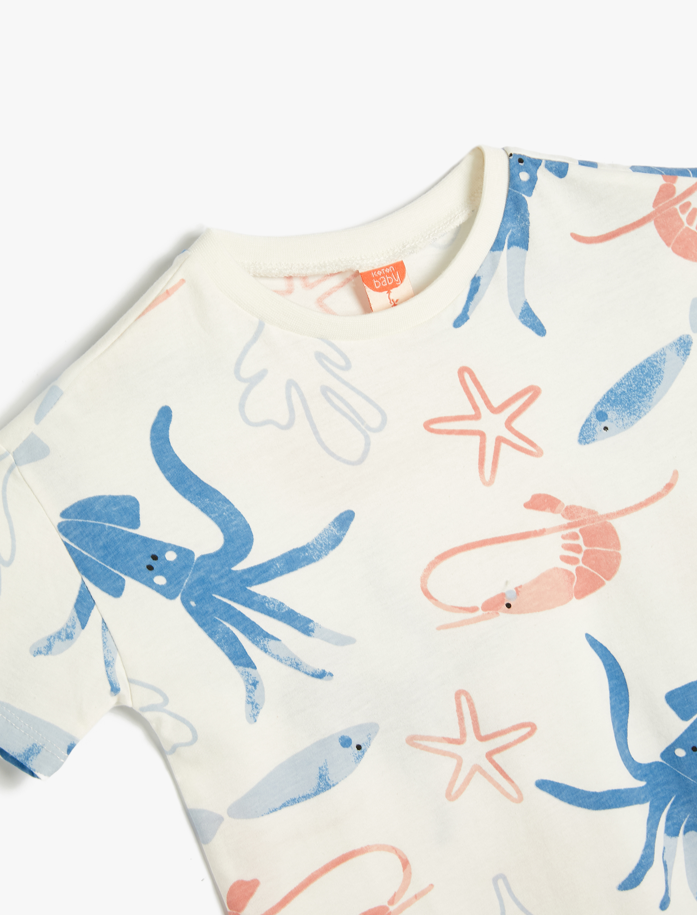  Erkek Bebek Tişört Deniz Temalı Baskı Detaylı Kısa Kollu Bisiklet Yaka